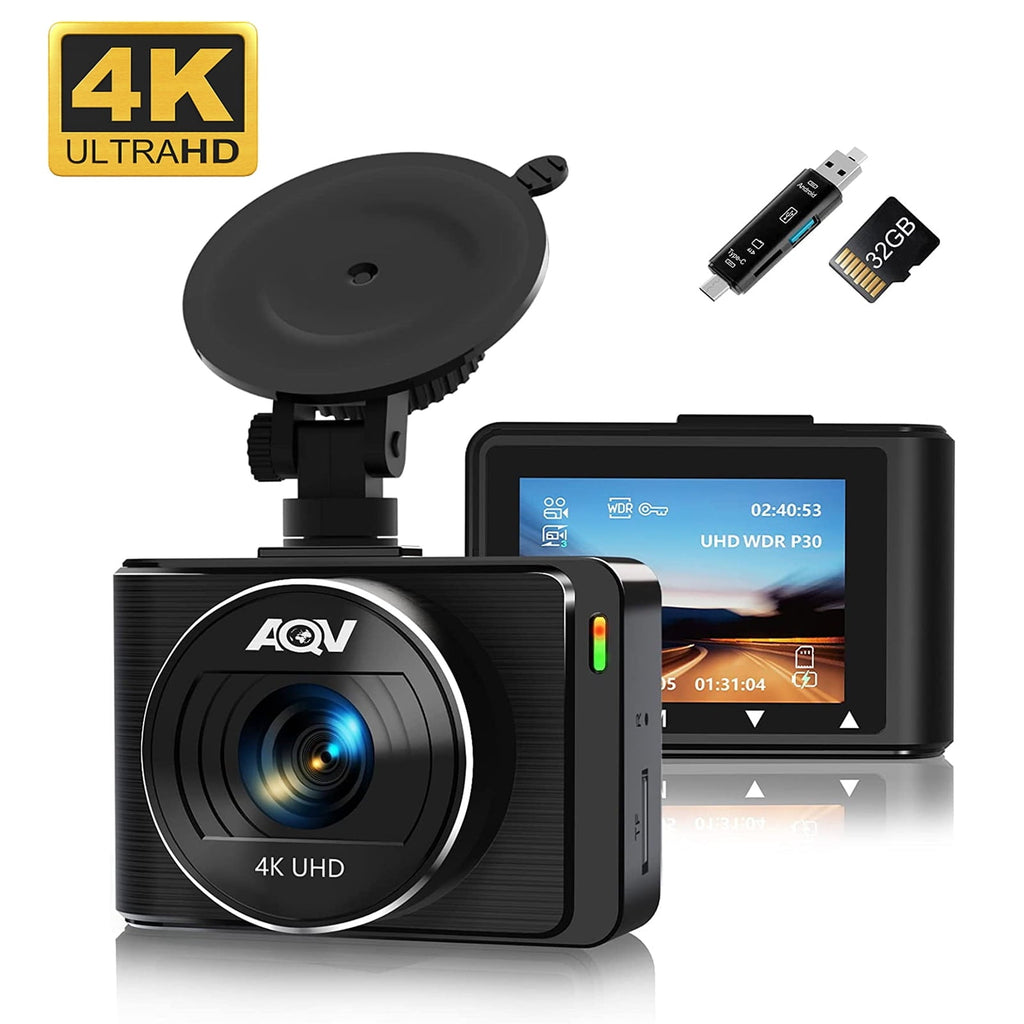 AQV Front 4K Dash Cam, Car Camera Front 4k Built-in GPS, SNOY IMX335 Sensor, Parking Monitor, Super Night Vision, WDR ,G-Sensor, Motion Detector ,Loop Recording ,32GB Card and Card Reader Included