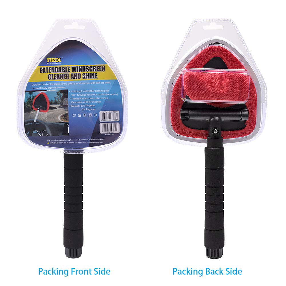 AutoEC Windshield Cleaner Car Window Cleaner Cleaning Tool with Extendable Handle and 2 Reusable Removable Coral Cap, Car Wash Brush, Red