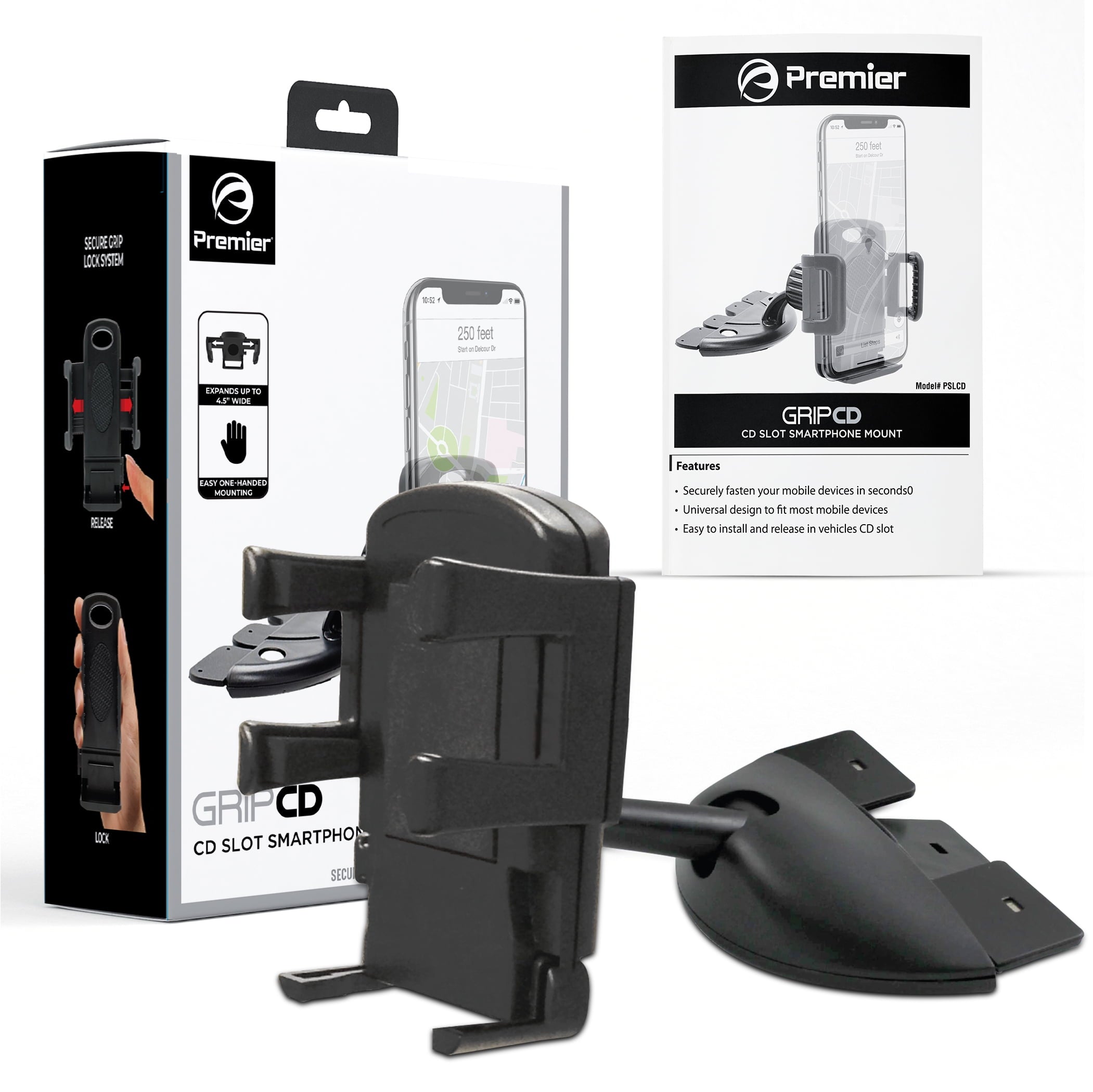 Premier CD Slot Phone Mount and Holder with Expandable Grip for all Mobile Devices, Black