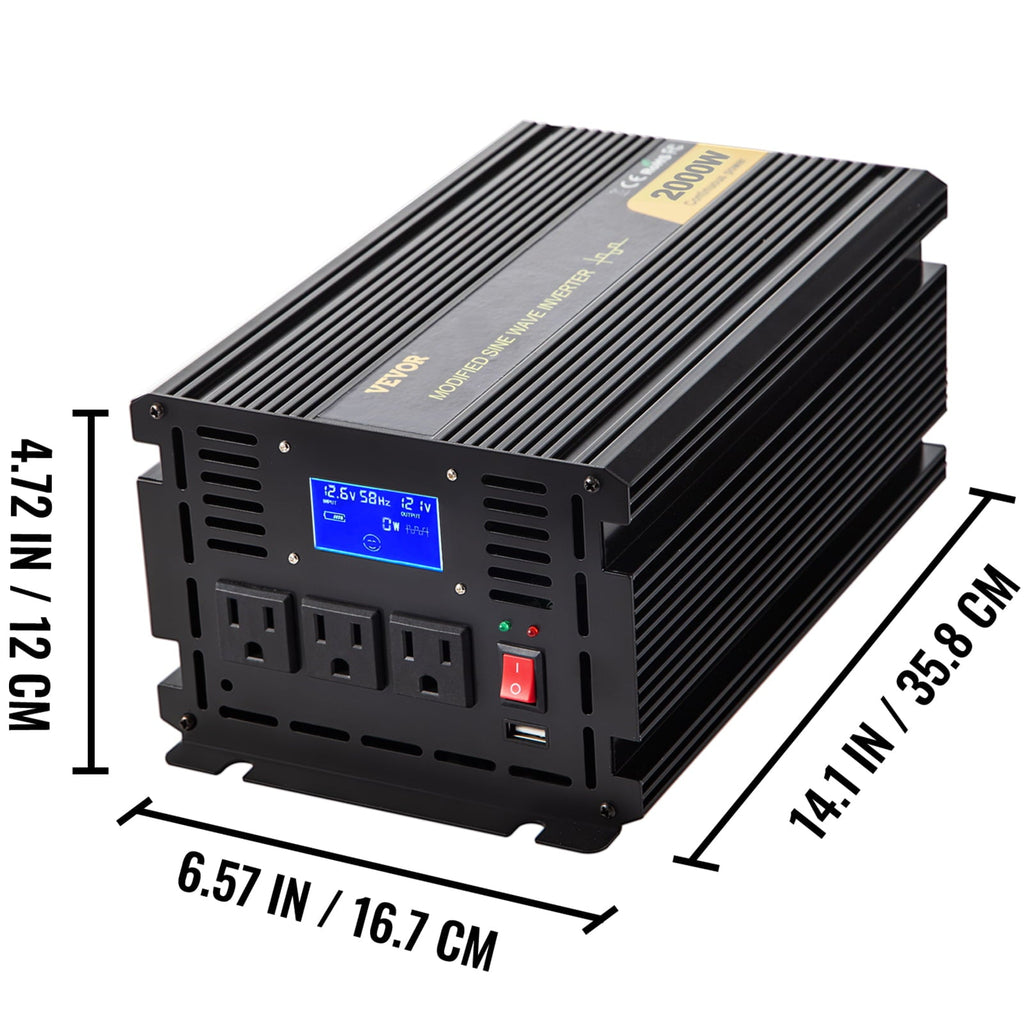 VEVOR Power Inverter 2000W Modified Sine Wave Inverter DC12V to AC120V Car Converter with USB Port LCD Display Remote Controller LED Indicator AC Outlets Inverter for Car RV Truck Boat Travel Camping