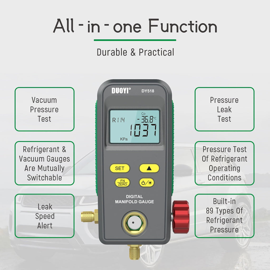 Refrigeration Digital Manifold Gauge, HVAC Vacuum Pressure Gauge, Air Conditioning Maintenance Diagnostic Tool, Freon Temperature Tester, R410a R134a Refrigerants Kit, DY518
