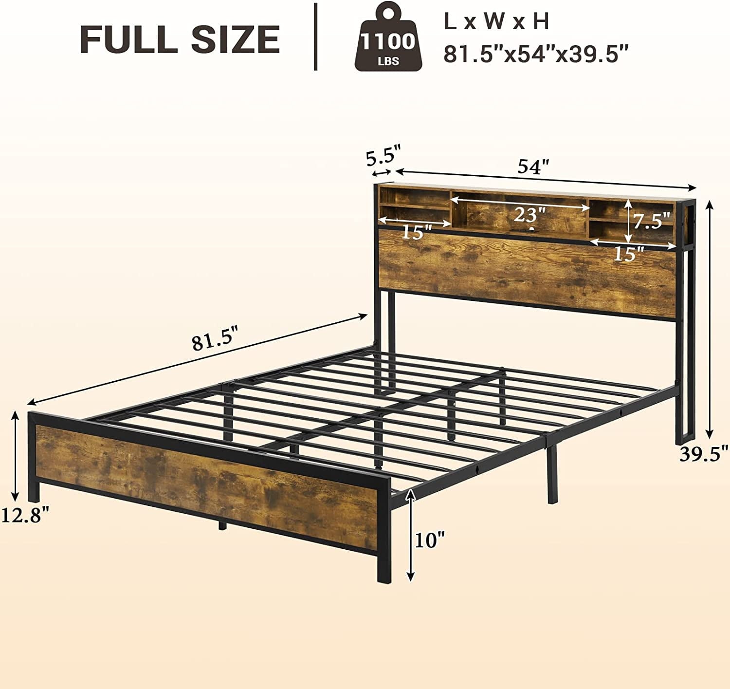 Full LED Bed Frame with Charging Station and Storage Headboard,Full Size Metal Platform Bed with LED Lights, Rustic Brown