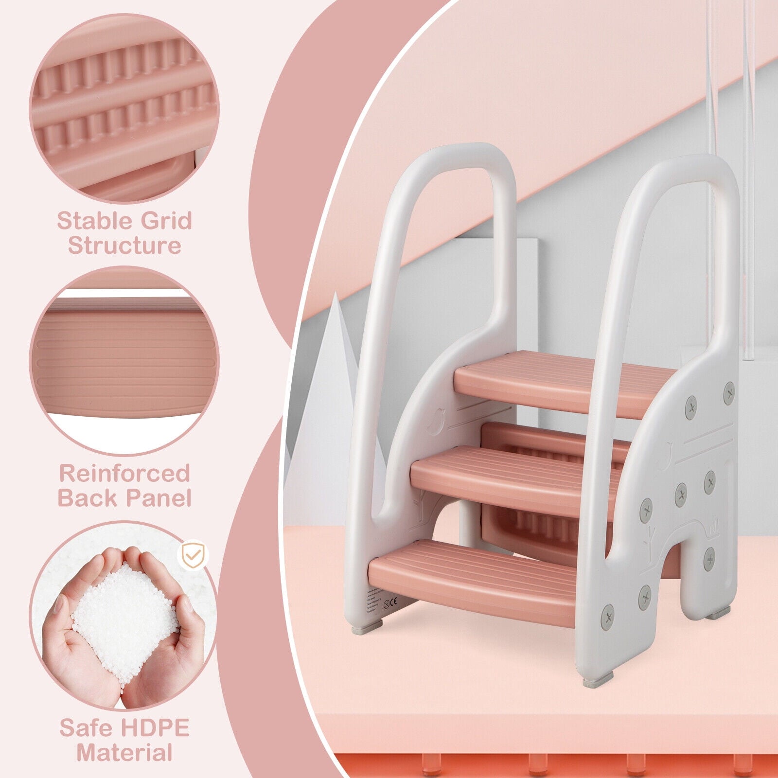 Exdeerjoy Kids 3-Step Stool, Toddler Stepping Stool with Handles, Plastic Learning Helper Stool Pink