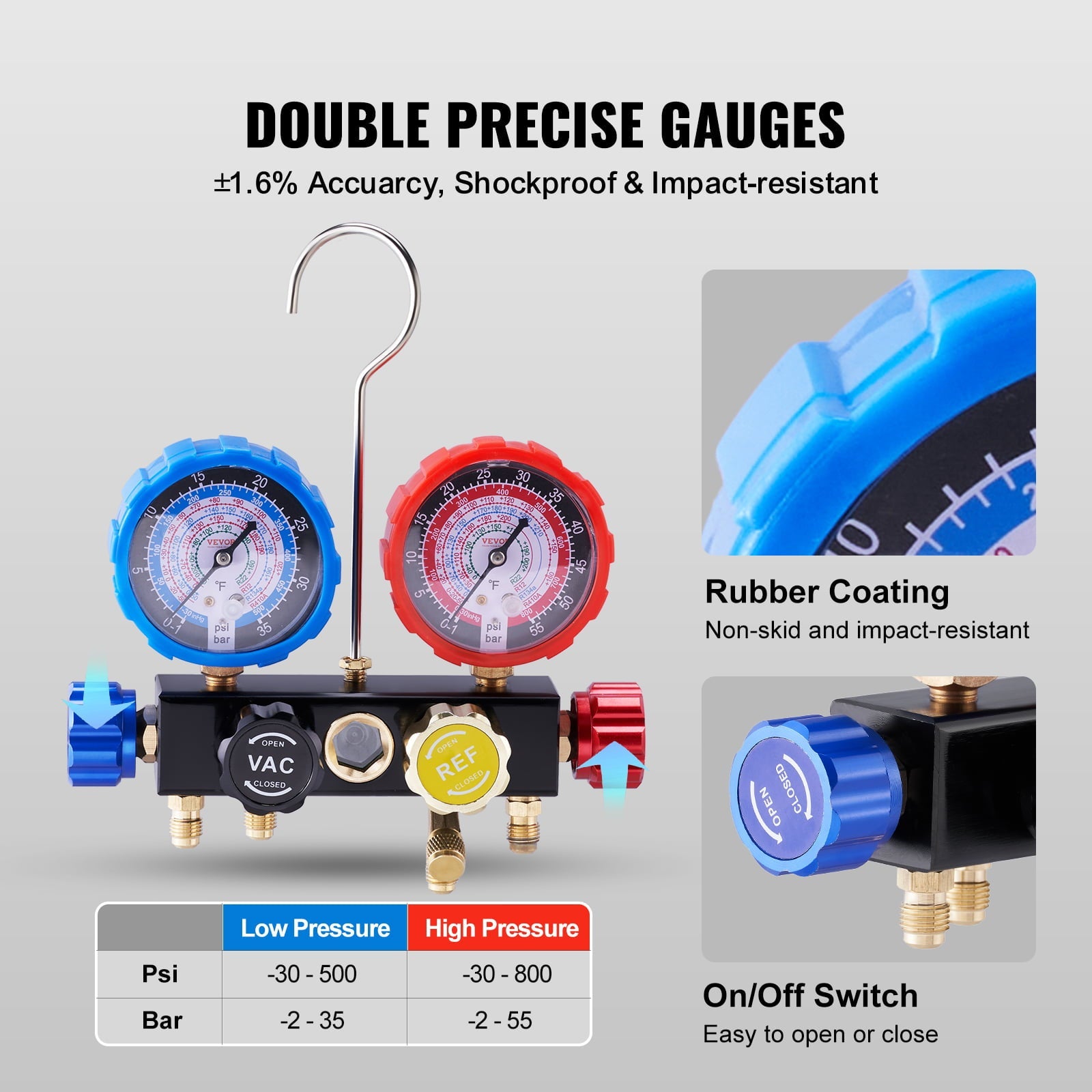 BENTISM 4-Way AC Manifold Gauge Set Fit R134A R22 R12 R502 Refrigeration Charging with Portable Case 4PCS Hoses for Air-Conditioning Refrigerator Maintenance