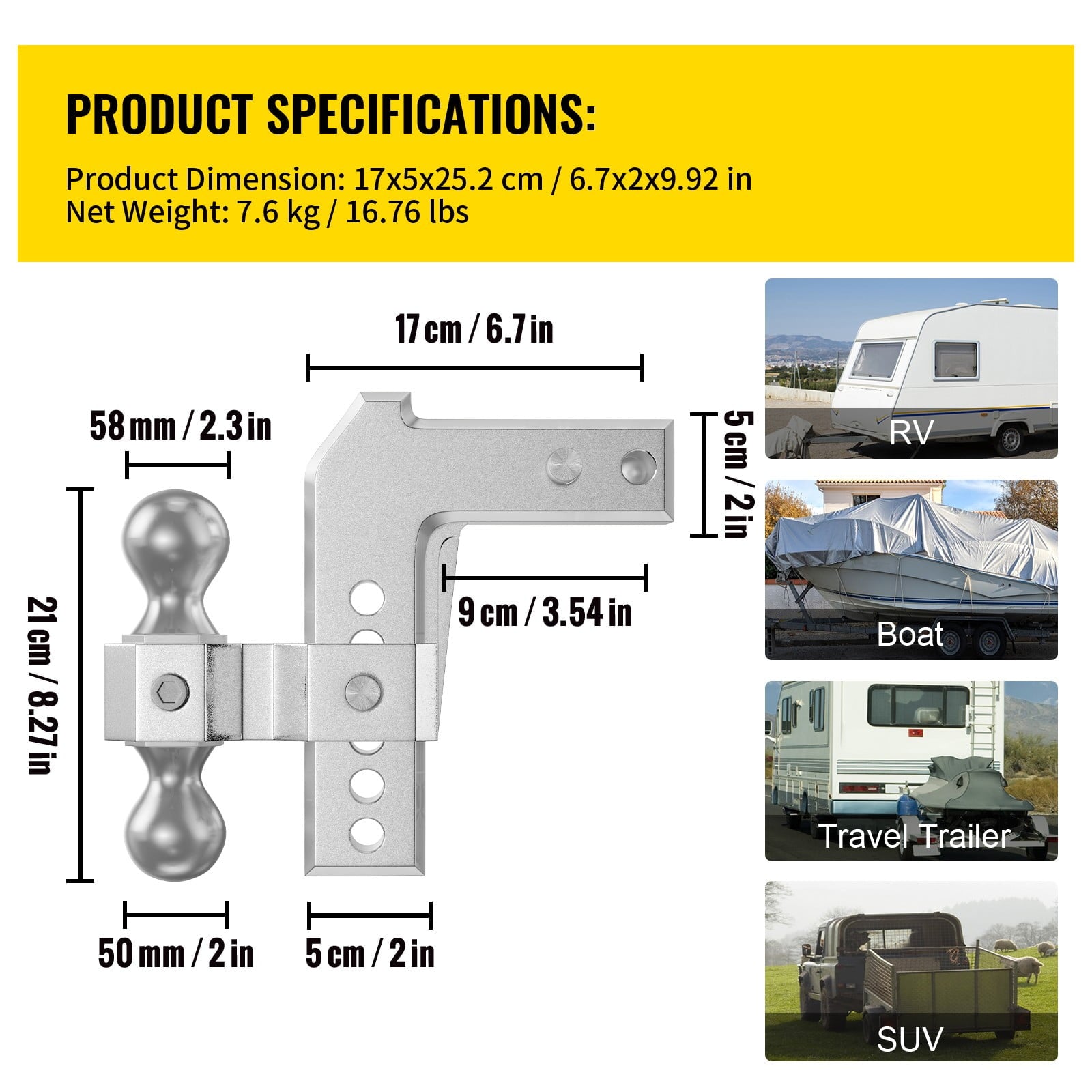 BENTISM Adjustable Trailer Hitch, Fits 2" Receiver, 6" Drop Ball Mount Hitch w/ Forged Aluminum Shank ＆ Two Iron Balls, 12500 lbs Towing Capacity for Most Common Needs, Dual Locking Pins Included