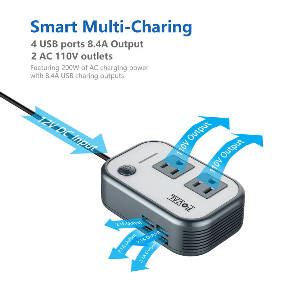FOVAL 200W Car Power Inverter DC 12V to 110V AC Converter with 4 USB Ports Charger (Gray)