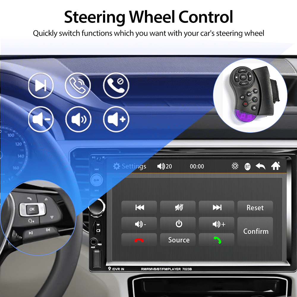 Podofo 12V Double 2 DIN Car Stereo Radio 7" HD MP5 Touch Screen Digital Display Car Video Player with Bluetooth Mirror Link Multimedia Auto SD USB FM AUX Function, with 4 LED Rearview Camera