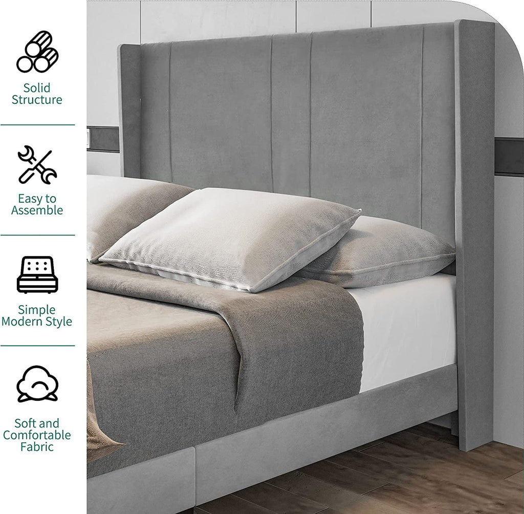 Dextrus Upholstered Wingback Platform Bed with Gray Velvet Headboard, Bed Frame with Wood Slat / No Box Spring Needed / Mattress Foundation, Full