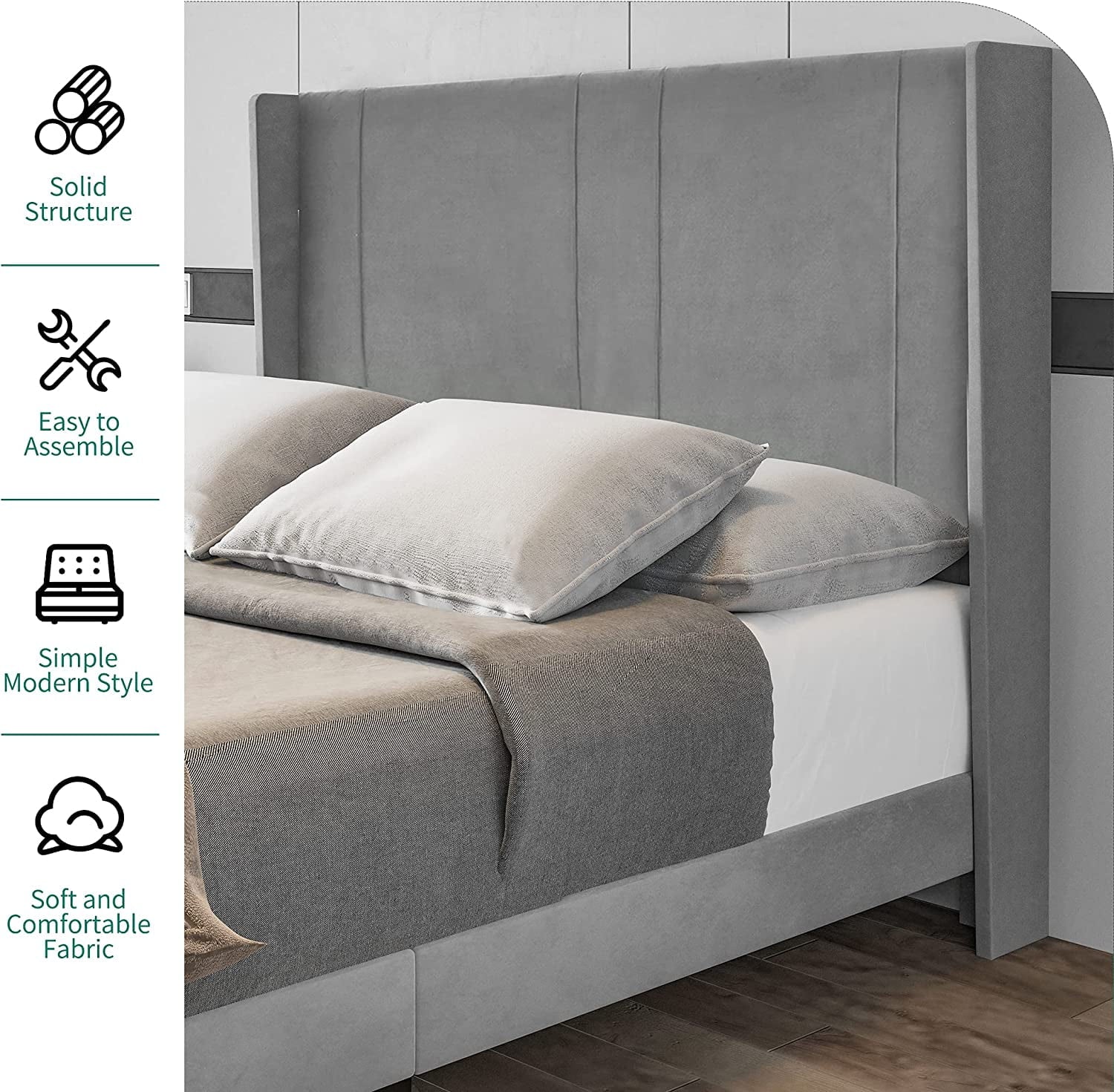 Dextrus Upholstered Wingback Platform Bed with Gray Velvet Headboard, Bed Frame with Wood Slat / No Box Spring Needed / Mattress Foundation, Full