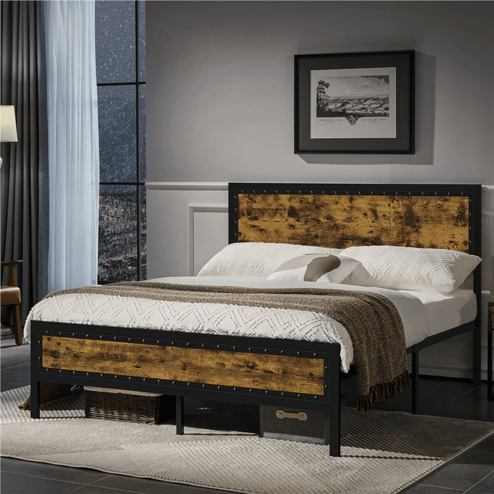 Topeakmart Industrial Metal Bed Frame with Wooden Headboard and Footboard, Queen Size, Rustic Brown
