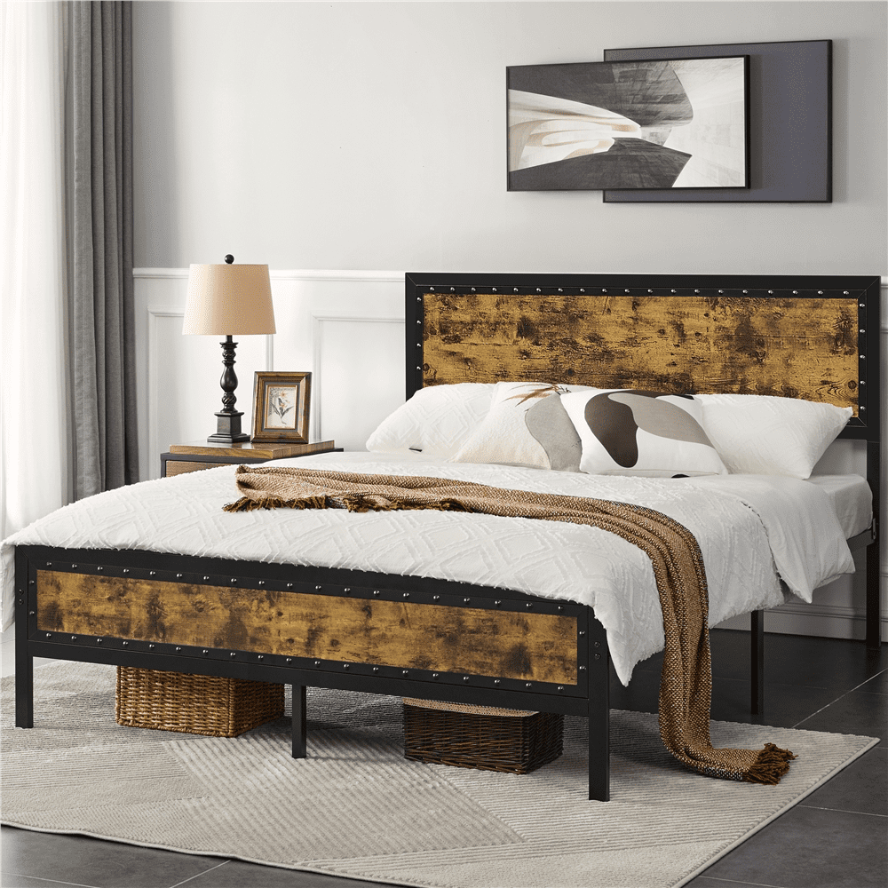 Topeakmart Industrial Metal Bed Frame with Wooden Headboard and Footboard, Queen Size, Rustic Brown