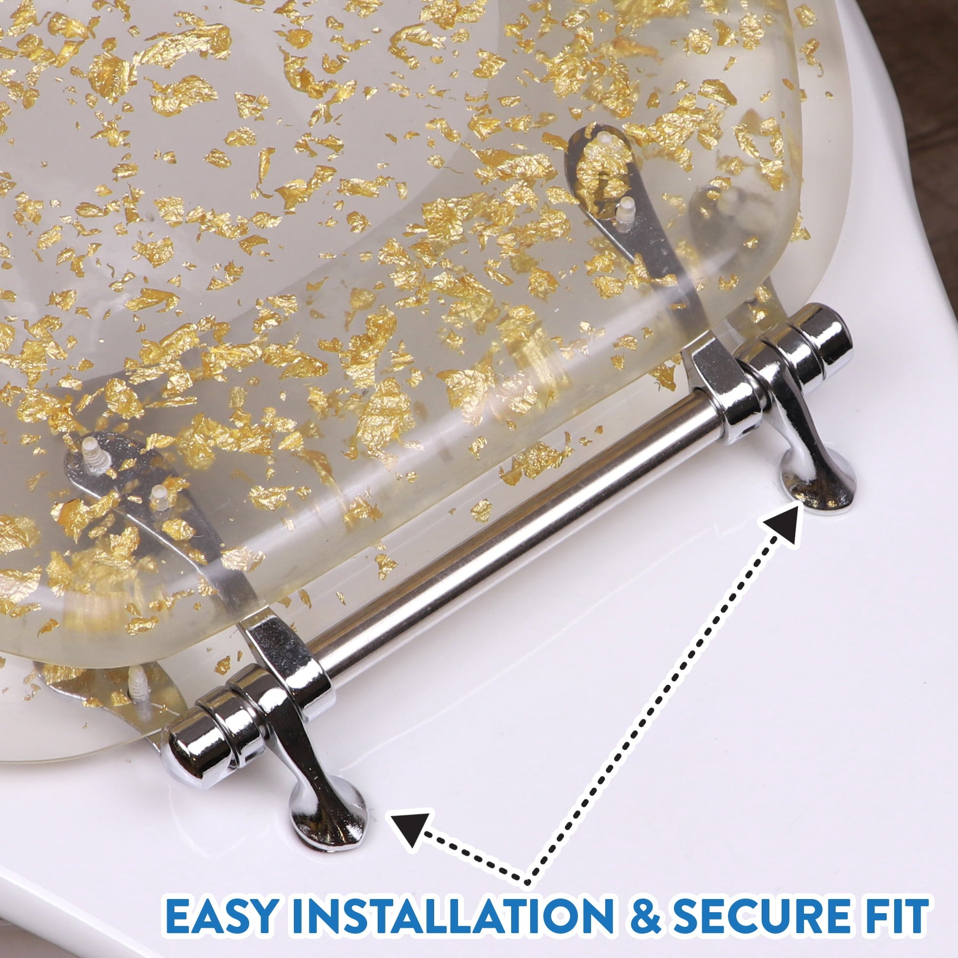 Ginsey Round Resin Decorative Toilet Seat with Chrome Hinges, Gold Foil