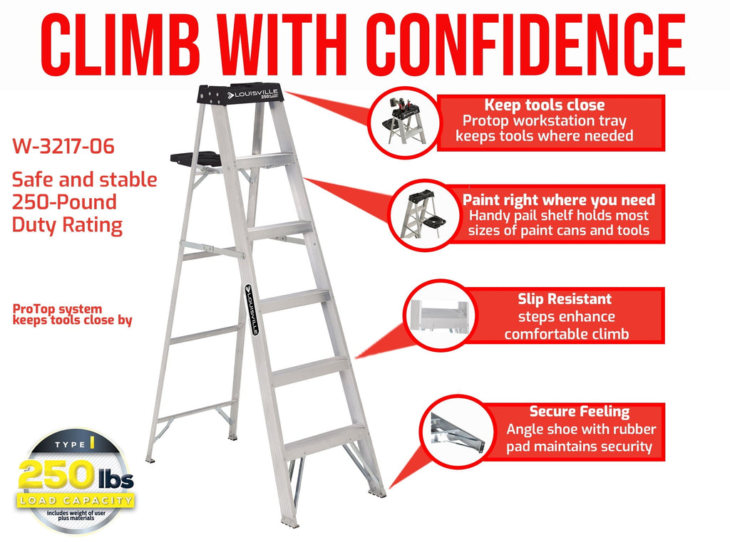 Louisville Ladder 6' Aluminum Step Ladder, 10' Reach, 250 lbs Load Capacity, W-2112-06S