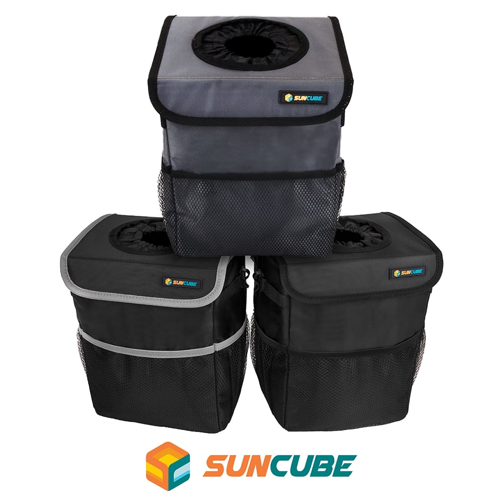 SUN CUBE WATERPROOF Car Trash Can with Lid, Mesh Pockets | Leakproof Car Garbage Can Hanging | Auto Trash Bin, Garbage Bag Organizer for Headrest, Console, Truck (Black)