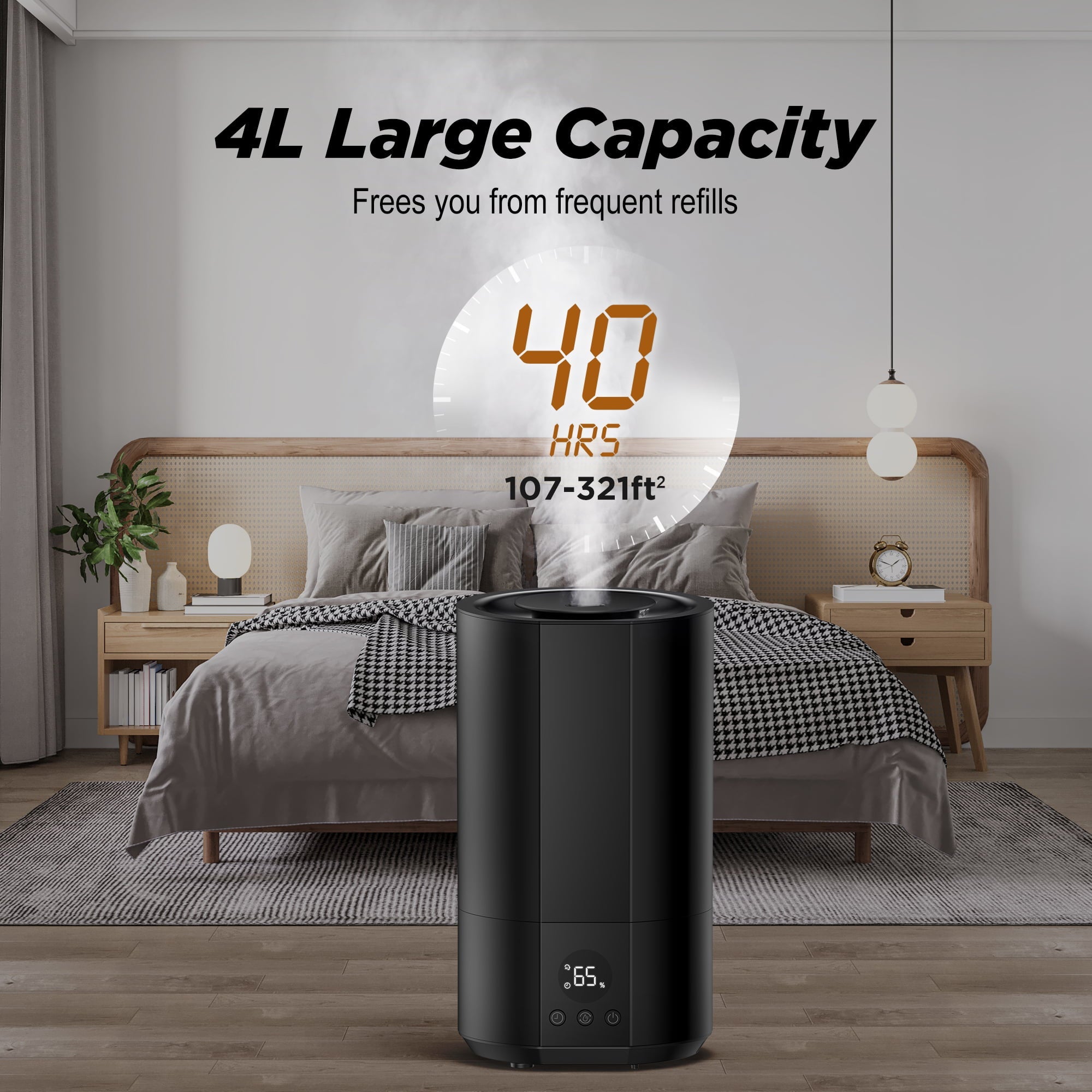 Homech Humidifier Top Fill(1 Gal/4L)Cool Mist Quiet Ultrasonic Air Humidifier with 12H Timer, AI Mode Adjustable 3 Mist Level, Black