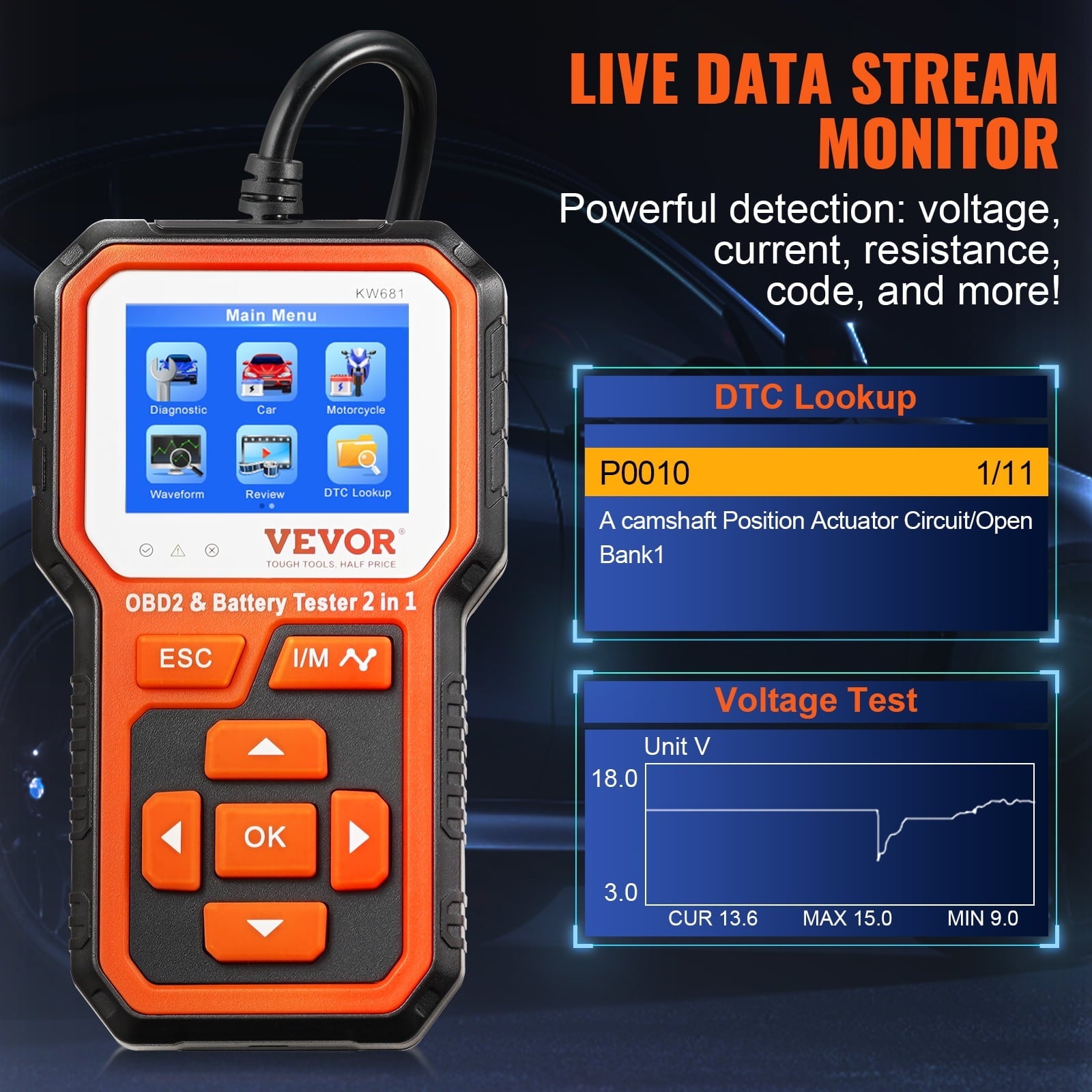 BENTISM Car OBD2 Scanner Code Reader Engine Fault Code Reader Scanner CAN Diagnostic Scan Tool for All OBD II Protocol Cars Since 1996, OBD2 Scanner Live Data for Check Engine Light, Orange