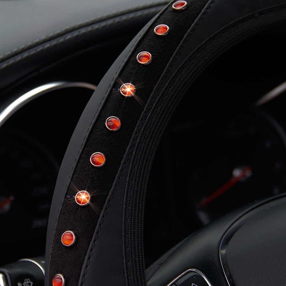 15" Car Steering Wheel Cover Leather Bling Rhinestones Protector Accessories