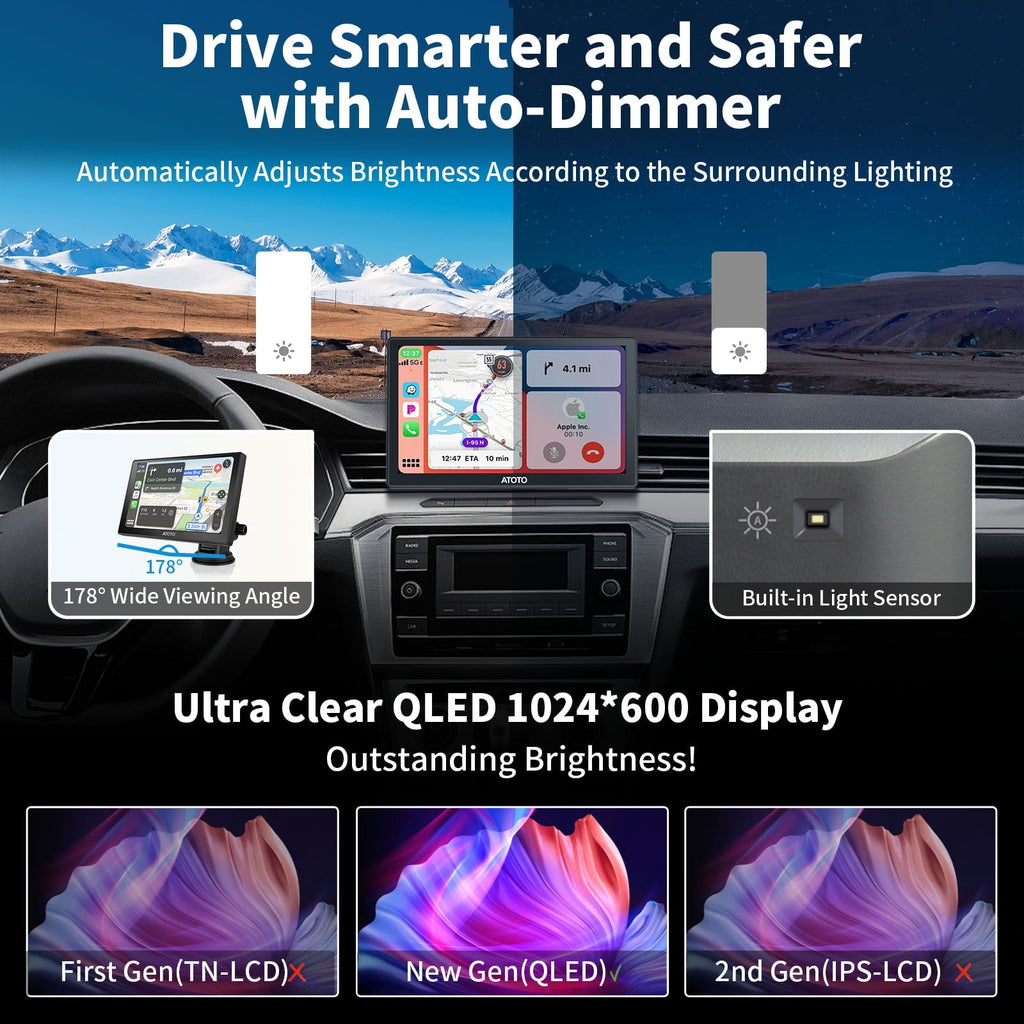 ATOTO 7inch QLED P8 Wireless Apple CarPlay & Wireless Android Auto Bluetooth Portable Car Stereo with Remote Control,Aux/FM Output GPS Navigation