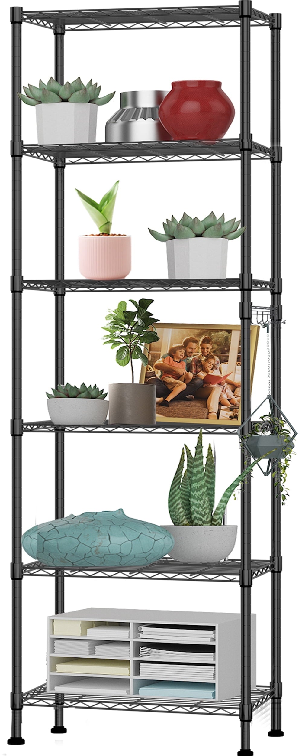 6-Tier Wire Shelving Unit Storage Rack Metal Shelf Organizer with 6 Hooks for Kitchen Bathroom Garage Balcony 21.26" x 11.42" x 62.99"