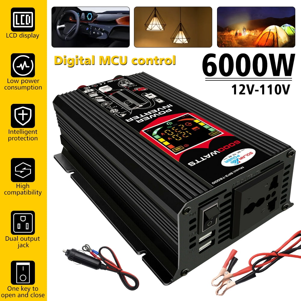 6000W Power Inverter, DC12V To 110V AC Car Inverter With UNIVERSAL Socket, USB Port, Cigarette Lighter Adapter, Truck/ Boat/RV/Car Solar System Inverter, Used FOR Camping/Road Trips/Outdoor Work
