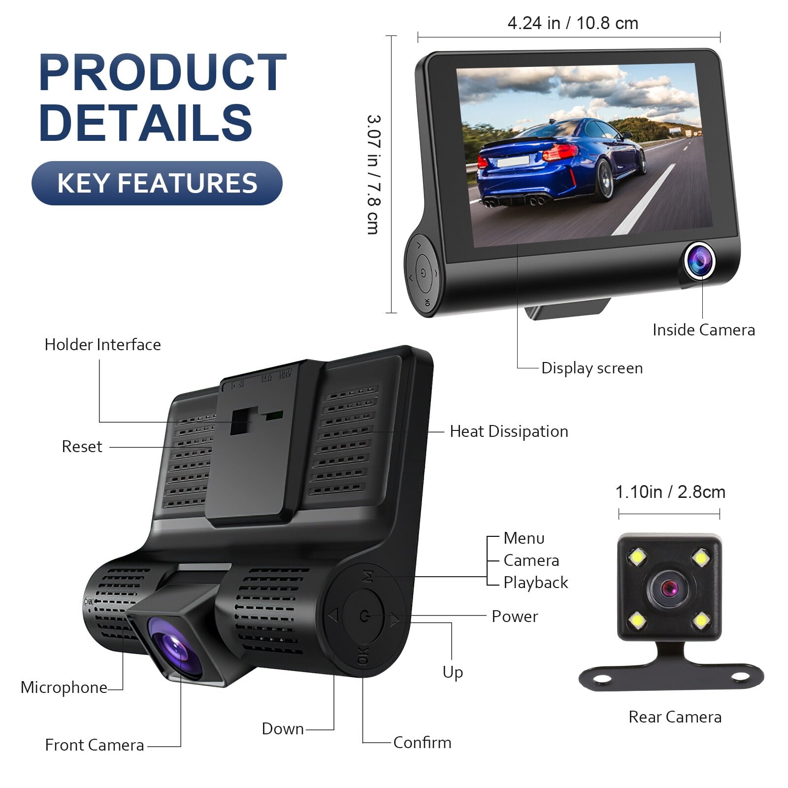 3 Channel Dash Cam Front and Rear Inside, 1080P Dash Camera for Cars, Dashcam Three Way Triple Car Camera with IR Night Vision, Loop Recording, G-Sensor, Parking Monitor, 24 Hours Recording