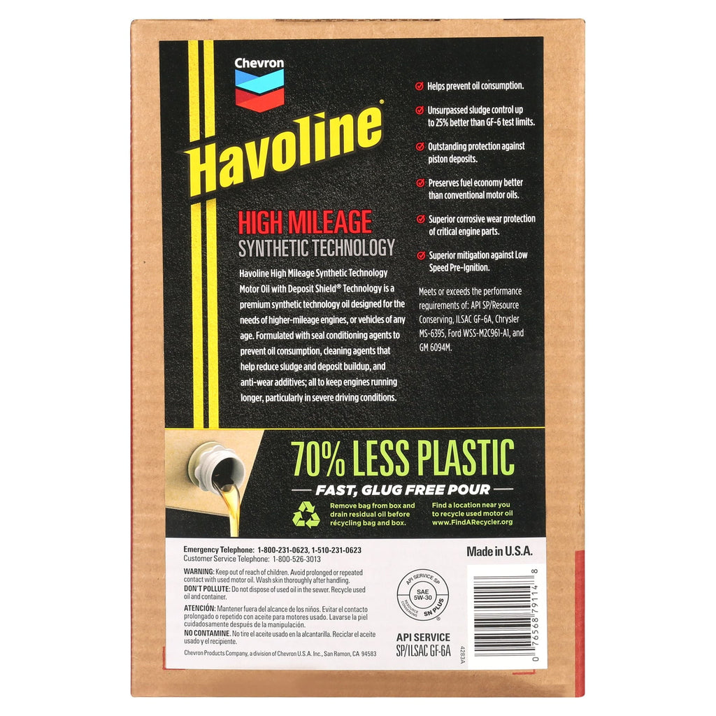 Chevron Havoline High Mileage Synthetic Technology Motor Oil 5W-30, 6 Quart Smart Change Box