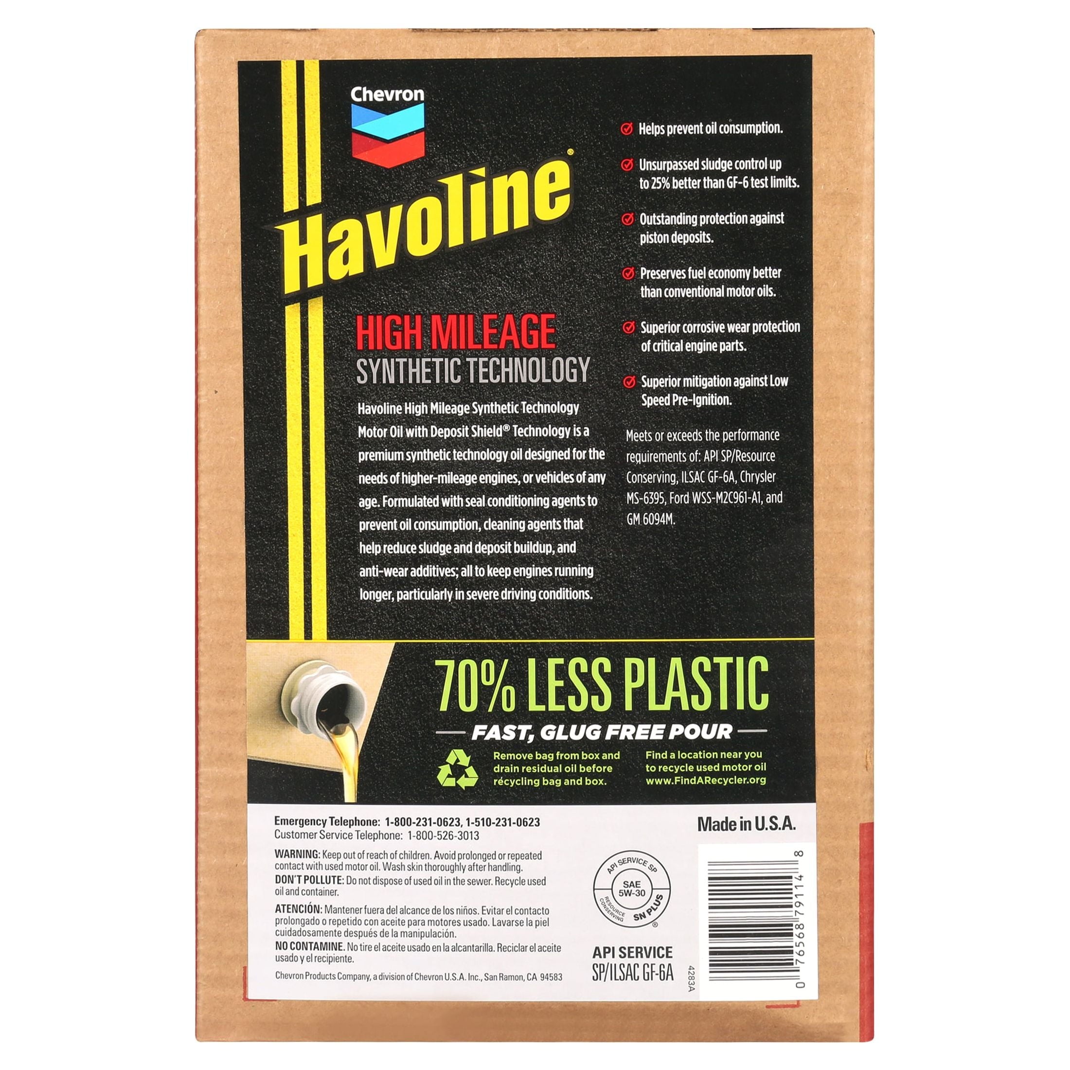 Chevron Havoline High Mileage Synthetic Technology Motor Oil 5W-30, 6 Quart Smart Change Box
