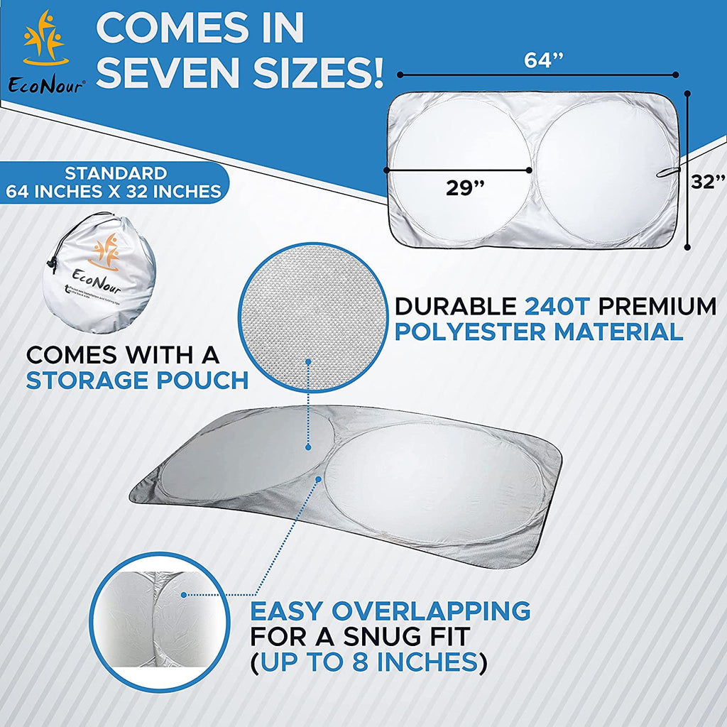 EcoNour Car Windshield Sun Shade with Storage Pouch | Front Window Sun Protector for UV Rays & Sun Heat | Car Interior Accessories Fits Small Sedans, Mini SUVs and Hatchbacks | Standard (64x32 inches)