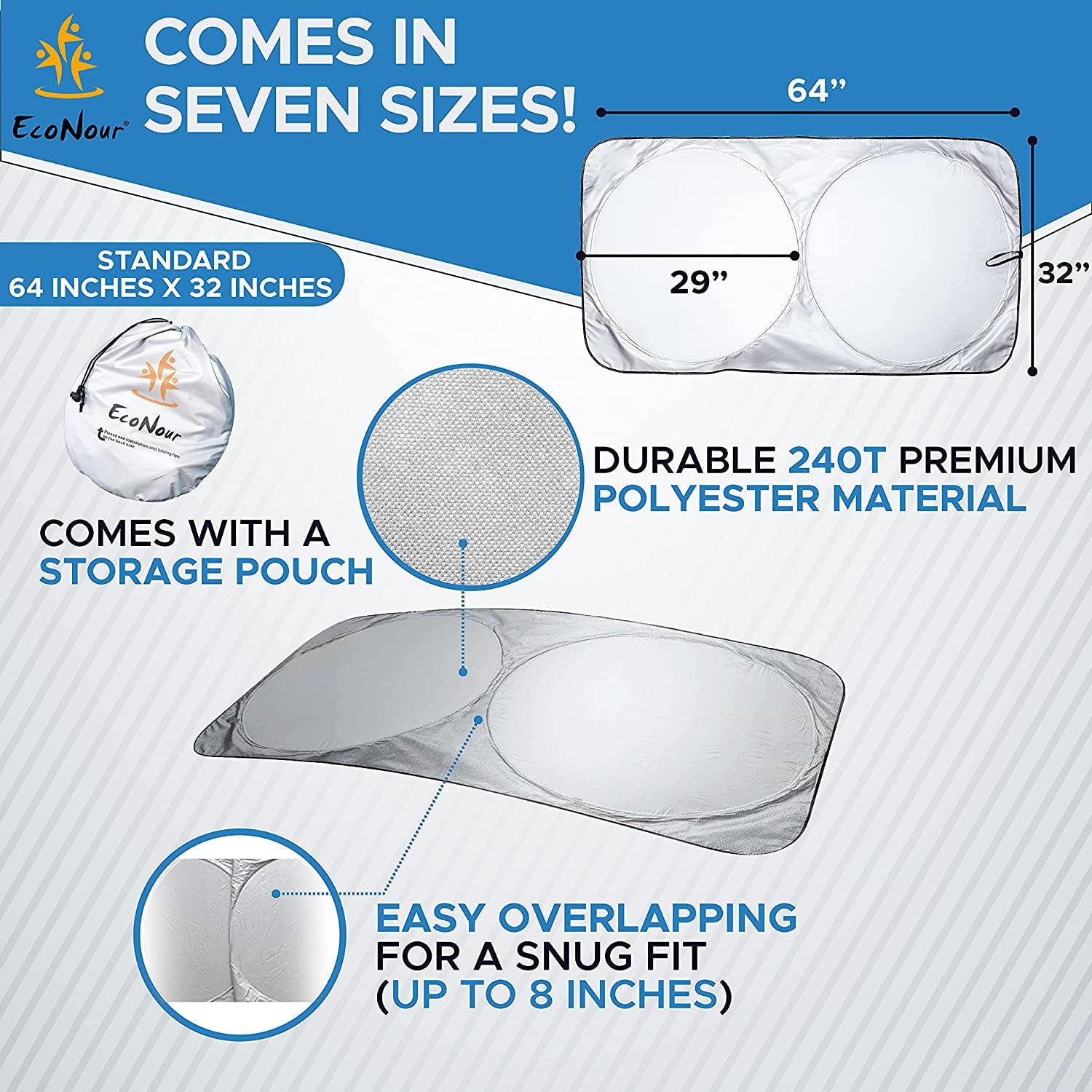 EcoNour Car Windshield Sun Shade with Storage Pouch | Front Window Sun Protector for UV Rays & Sun Heat | Car Interior Accessories Fits Small Sedans, Mini SUVs and Hatchbacks | Standard (64x32 inches)