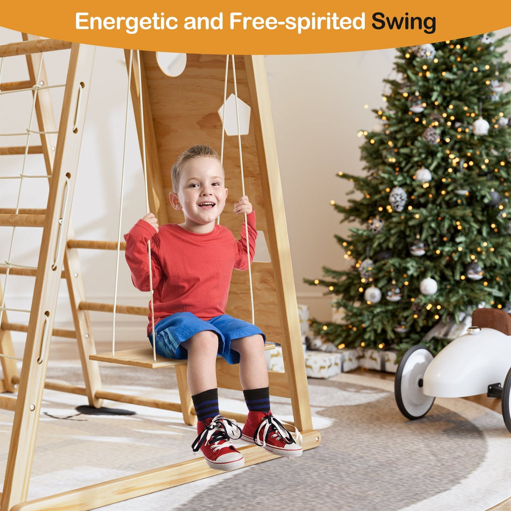 GIKPAL 8-in-1  Wooden Indoor Kids Playground Jungle Gym with Slide, Toddlers Wooden Climber with Slide Playset, Wooden Rock Climbing Wall with Rope Wall Climb, Monkey Bars, and Swing for Kids