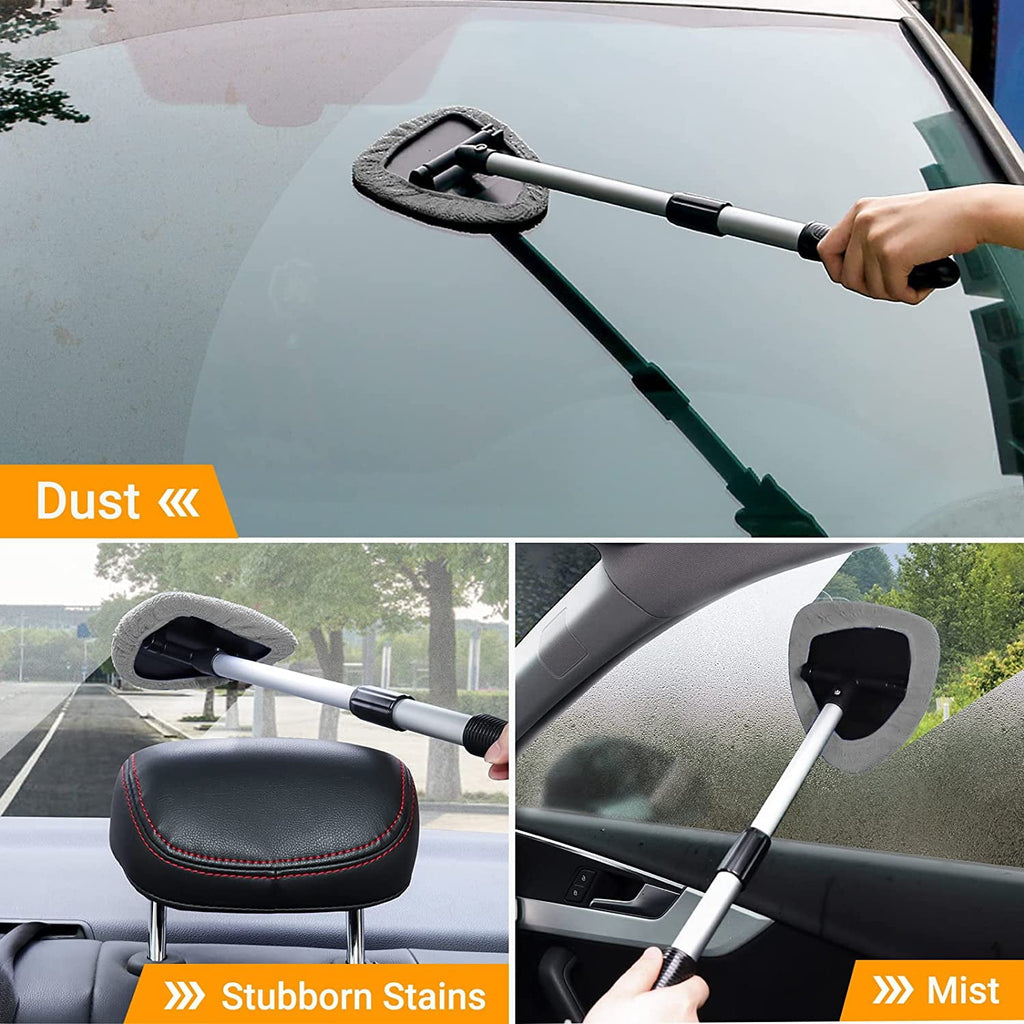 Anpro Car Windshield Cleaner, Microfiber Car Window Cleaning Tool with Extendable Handle and Washable Reusable Cloth Pad Head Auto Interior Exterior Glass Wiper Kits