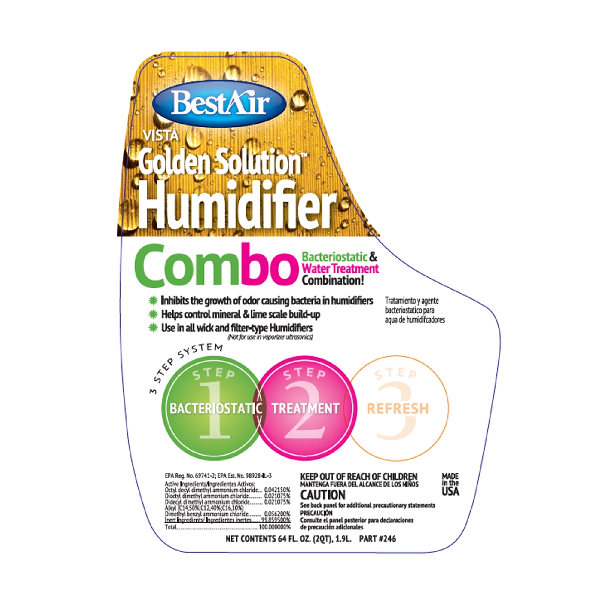 BestAir® 246 Golden Solutions Humidifier Bacteriostatic & Water Treatment Combo, 64 fl oz for Wick & Filter-Type Humidifiers