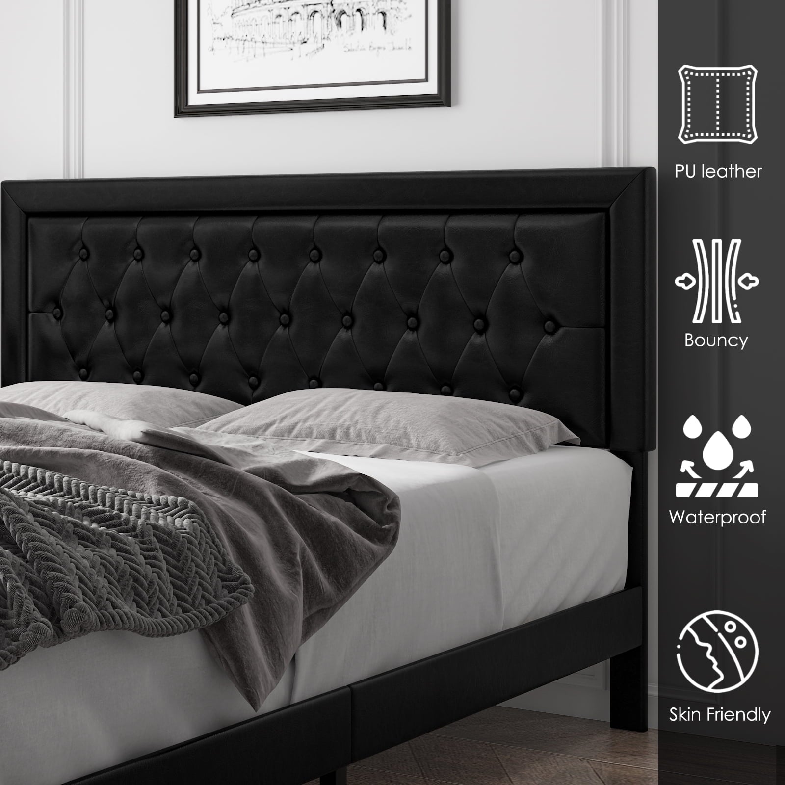 Homfa Full Size Bed Frame with Storage Drawers, PU Leather Upholstered Platform Bed with Adjustable Button Headboard, Black