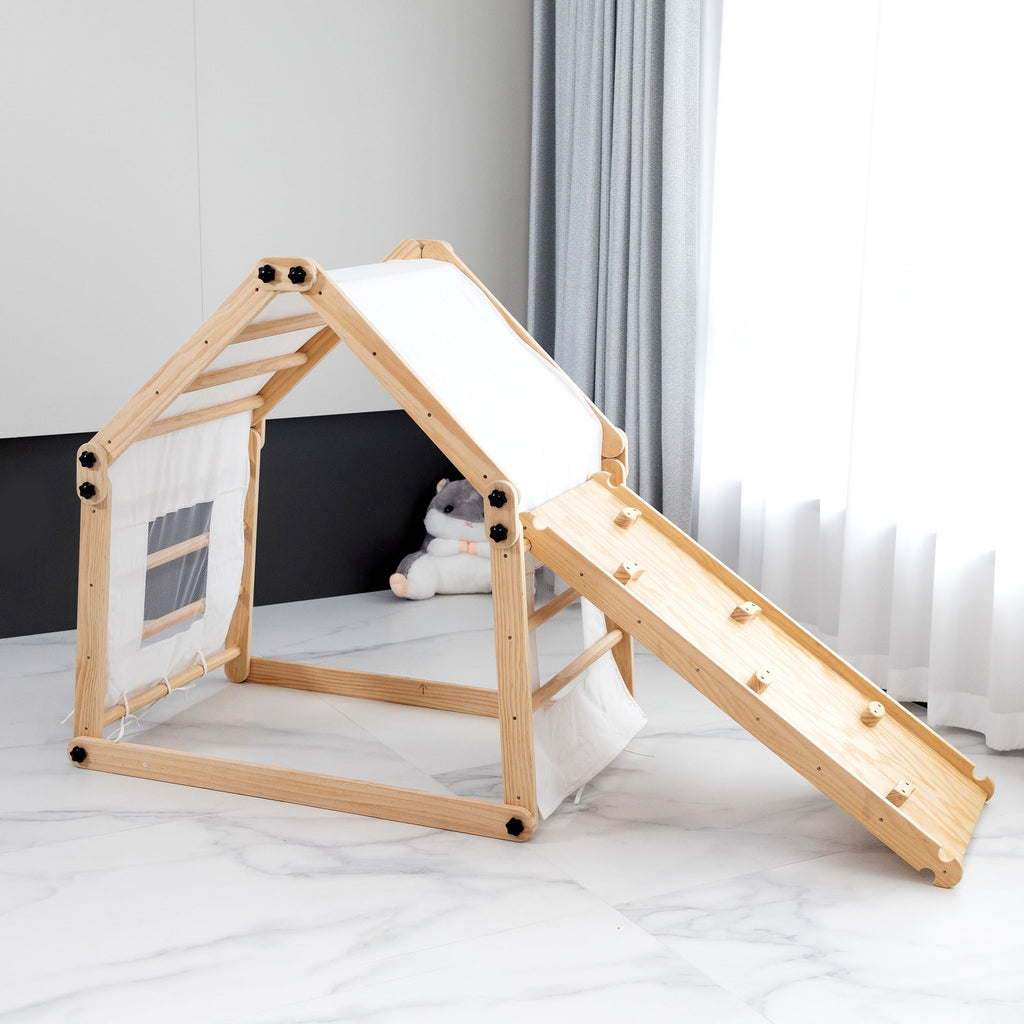 Jaxpety Wooden Triangle Climber Set with Ladder and Canvas Tent, Toddler Indoor Climbing Toys for Kids Aged 3-8 Years Old, Natural Wood
