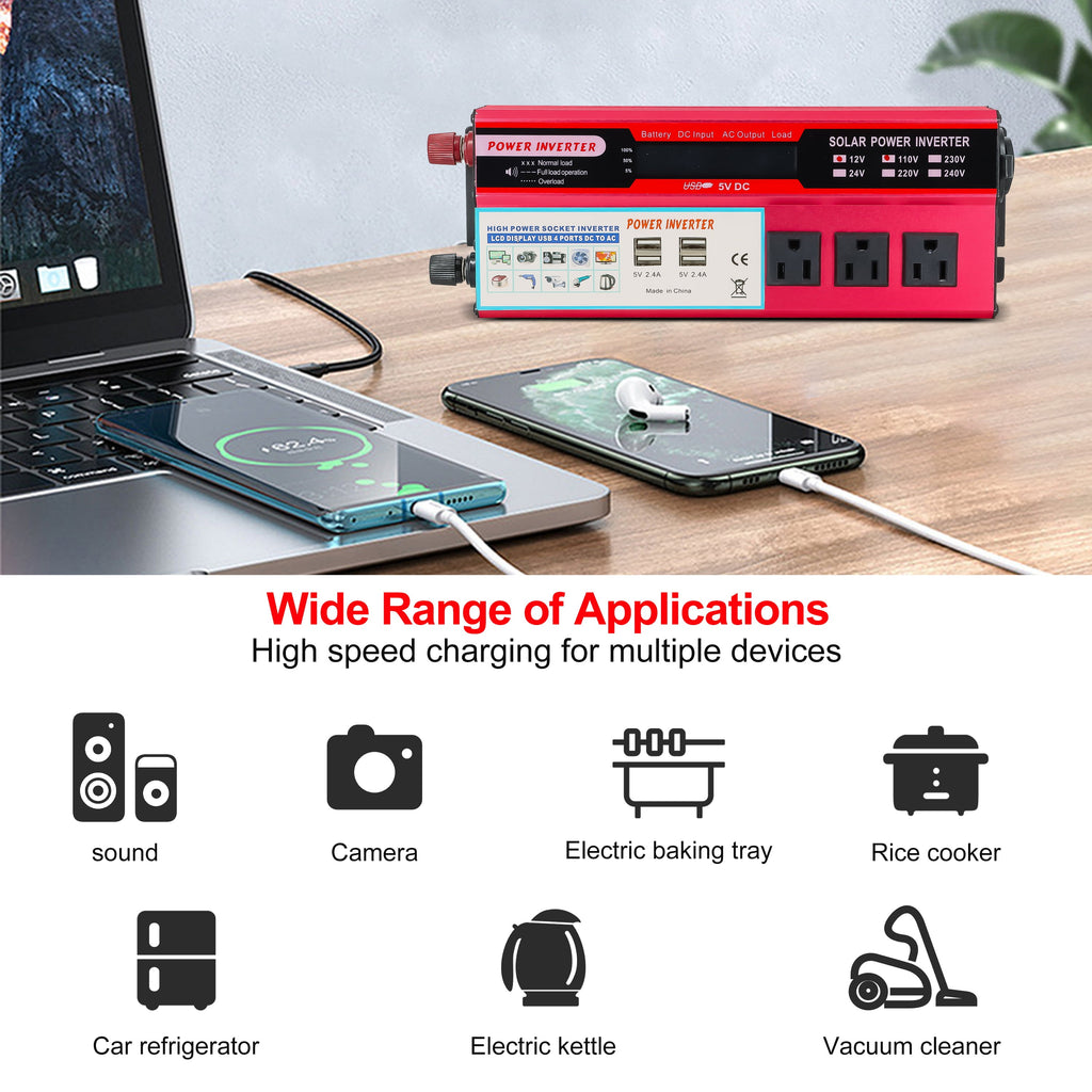 Yyton 2000W Car Power Inverter, Modified Sine Wave Inverter DC 12V to AC 110V 3 AC Converter with LCD Display, 4x2.4 A USB Ports Car Charger, 1 Cigarette Lighter Ports