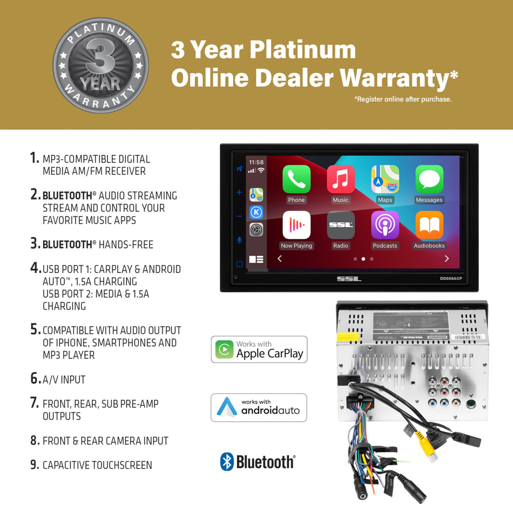 Sound Storm Laboratories DD988ACP 6.75” Apple CarPlay Android Auto Car Player