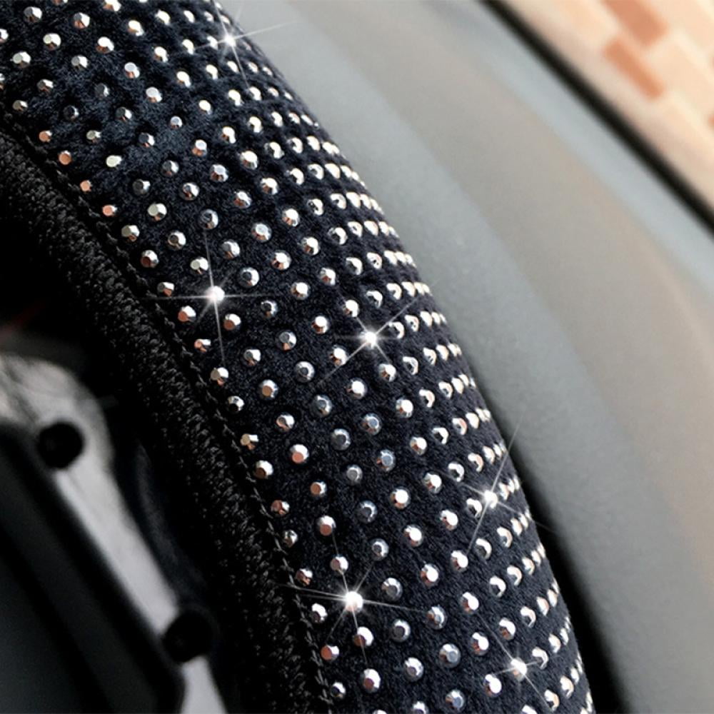 Diamond Leather Steering Wheel Cover with Bling Bling Crystal Rhinestones, Universal Fit 15 Inch Car Wheel Protector for Women Girls