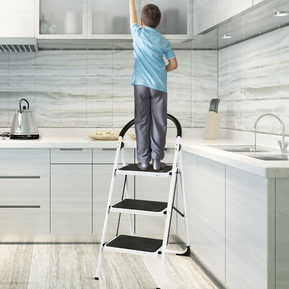 SUGIFT 3-Step Portable Folding Steel Ladder with Wide Platform Steps, 330lbs Capacity, White