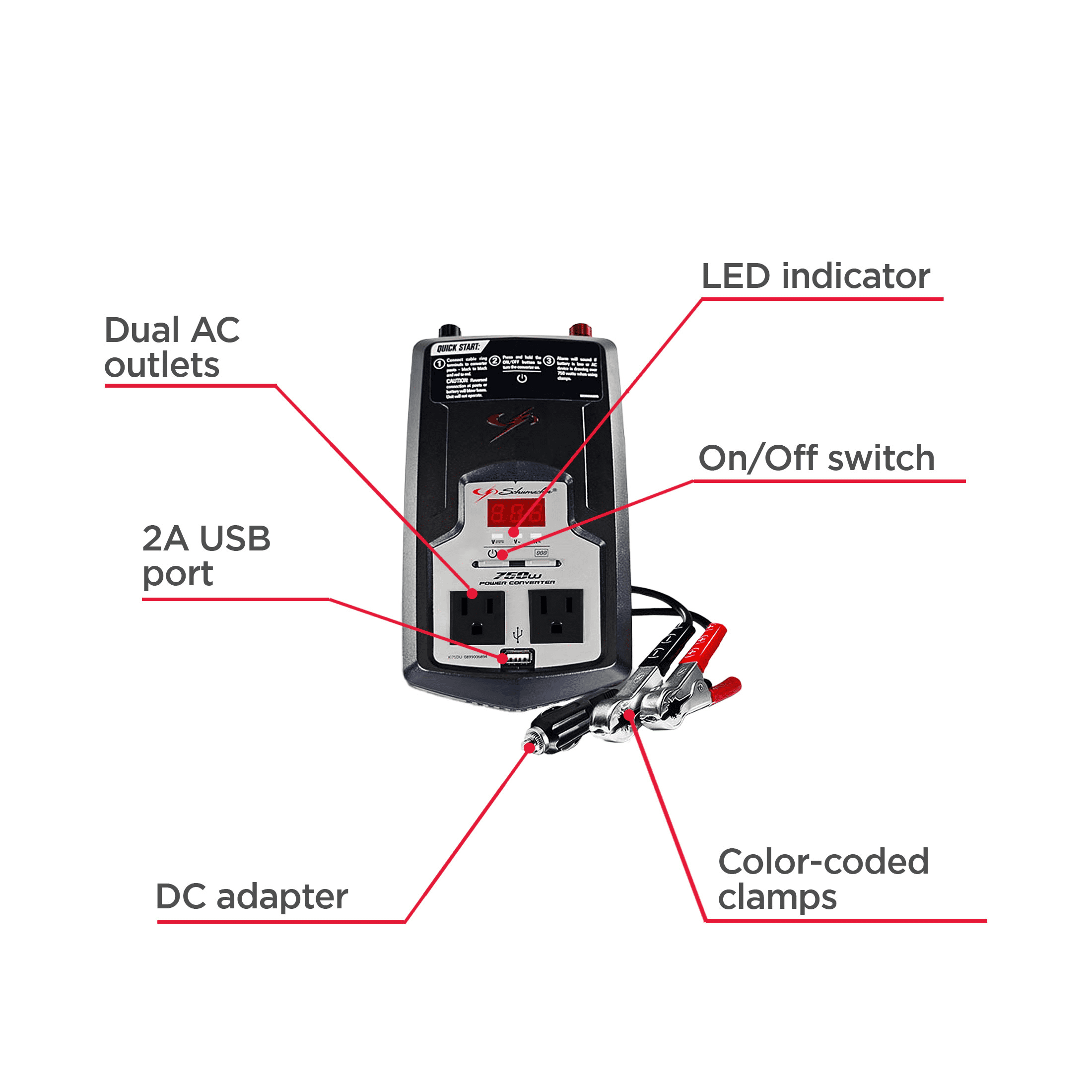 Schumacher 750 Continuous Watt/1500 Peak Watt DC-to-AC Digital Power Inverter – LED Display and Built-in Safety Features