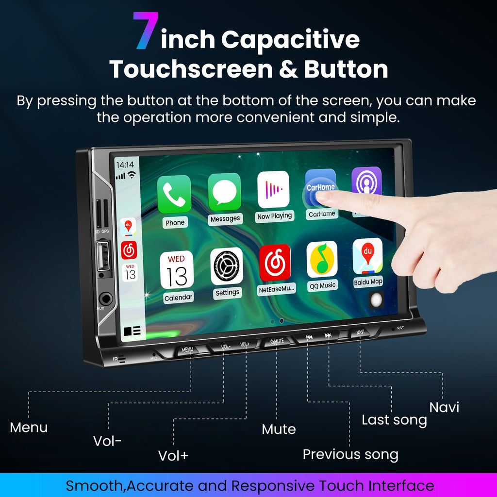 Double Din Car Stereo with Apple Carplay and Android Auto, Car Audio Receiver with Voice Control, 7 Inch Touchscreen Car Radio, Bluetooth, FM, AV in/USB Port, Mirror Link, Backup Camera