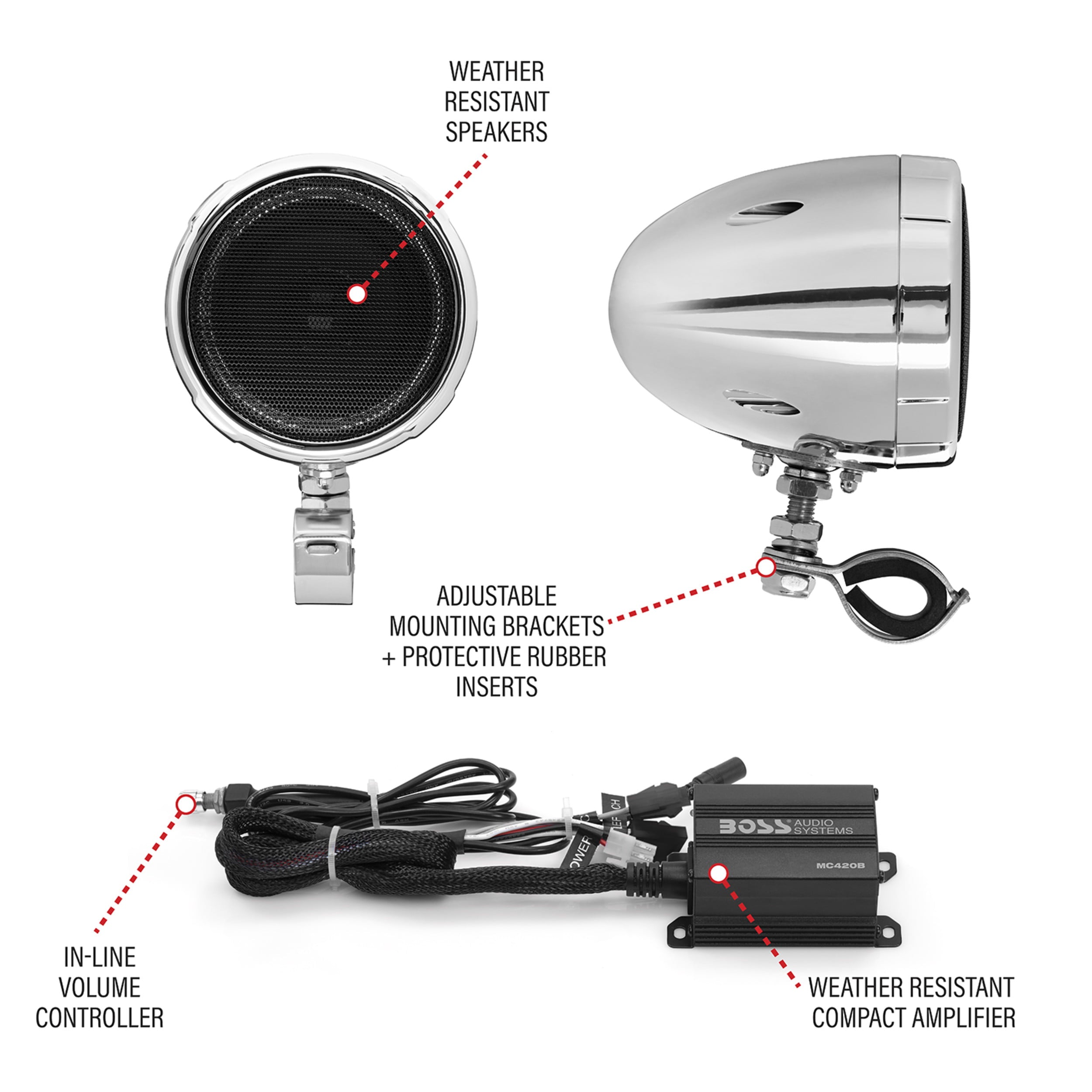 BOSS Audio Systems MC420B Motorcycle Speaker Amplifier, Bluetooth, 3” Speakers