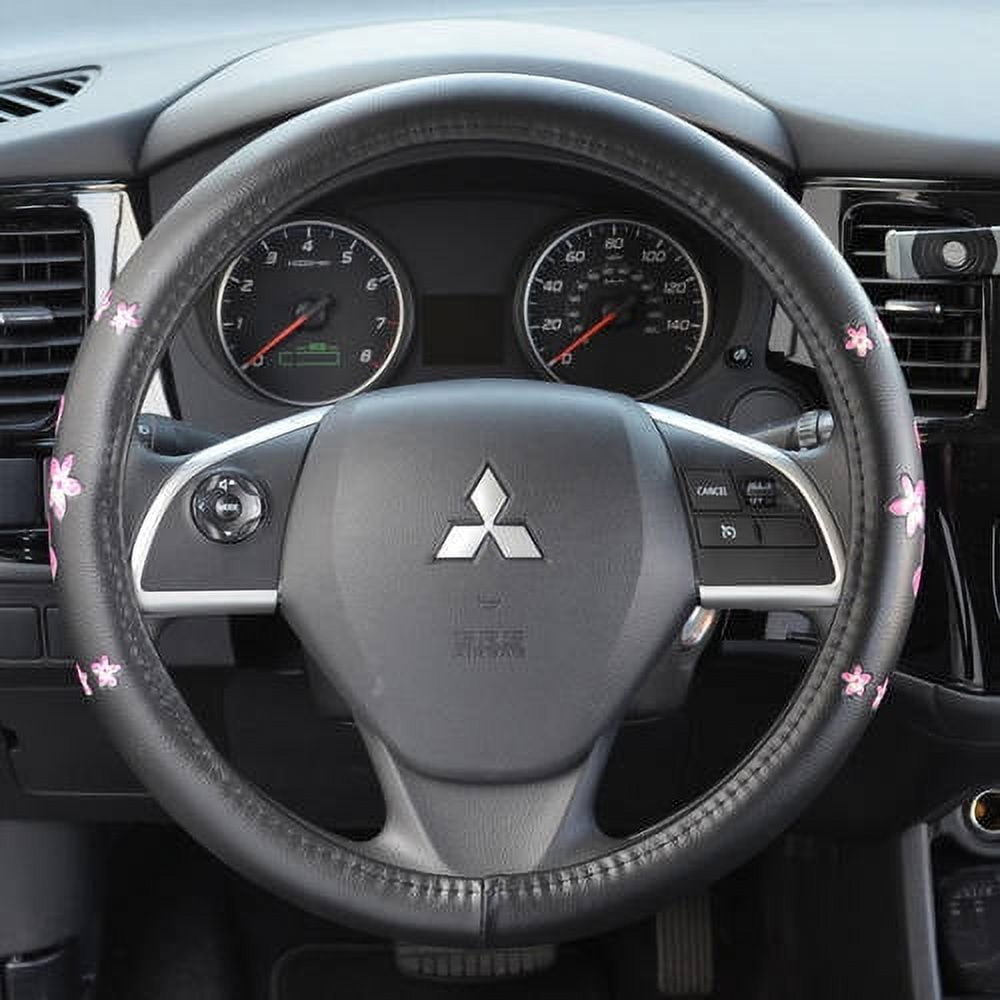 BDK Pink Floral Design Car Steering Wheel Cover, Standard Size 14.5 to 15.5"