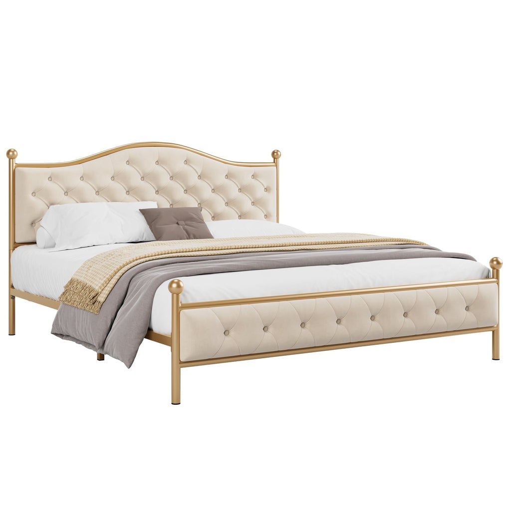 Homfa King Size Bed Frame, Metal Tubular Platform Bed with Button Tufted Upholstered Headboard, No Box Spring Needed, Beige