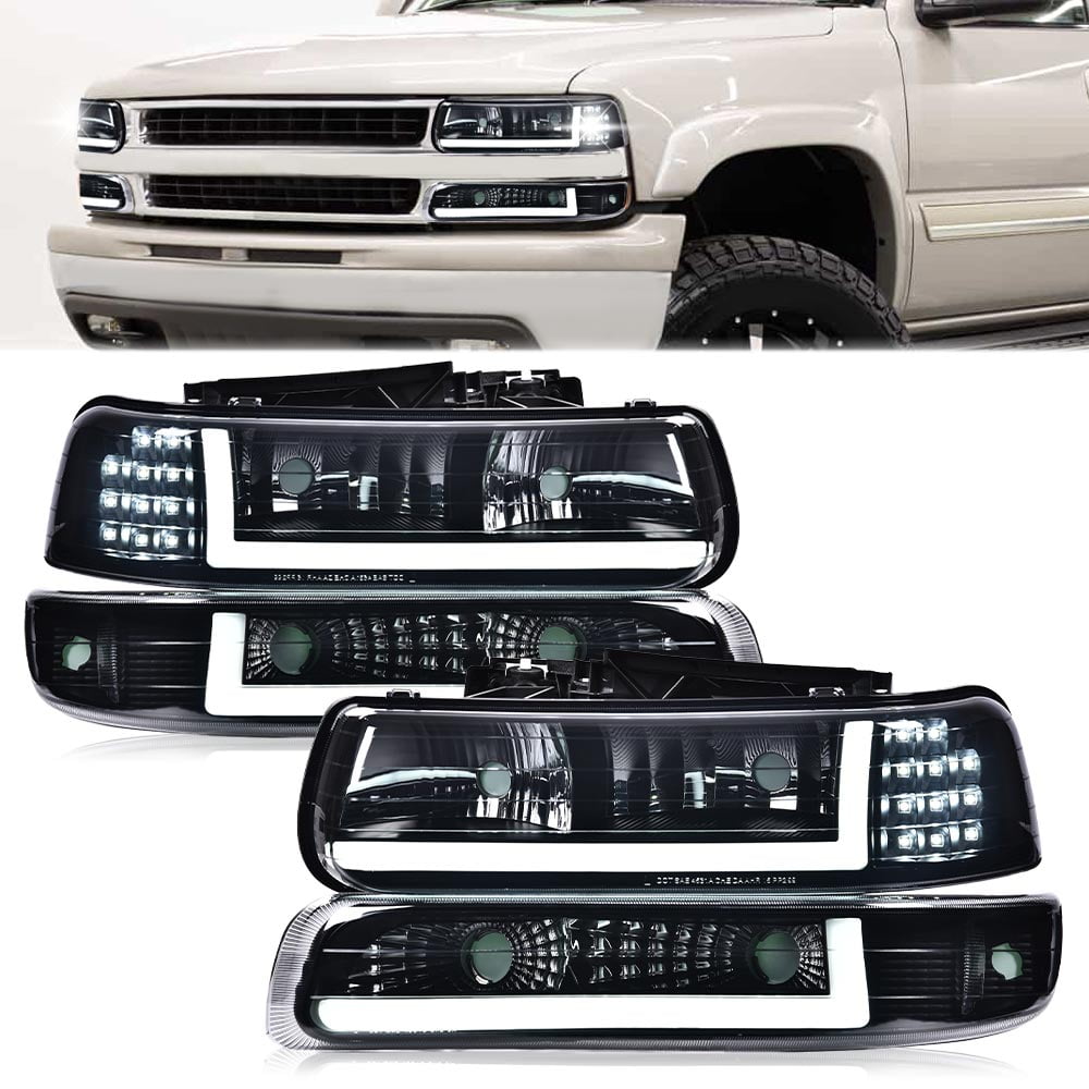 G-Plus LED DRL Headlights+Bumper Lamps Smoked Fit for 1999-2002 Chevy Silverado 2000-2006 Tahoe