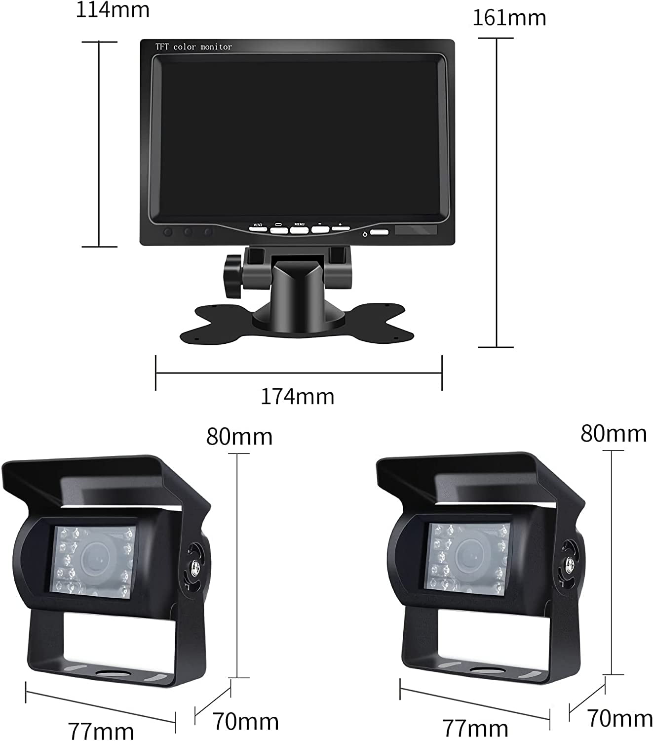 Bileeko RV Backup Camera System 7 Inch Monitor with 2 Wireless Rear View Cameras IP67 Waterproof Night Vision for Bus Truck Van