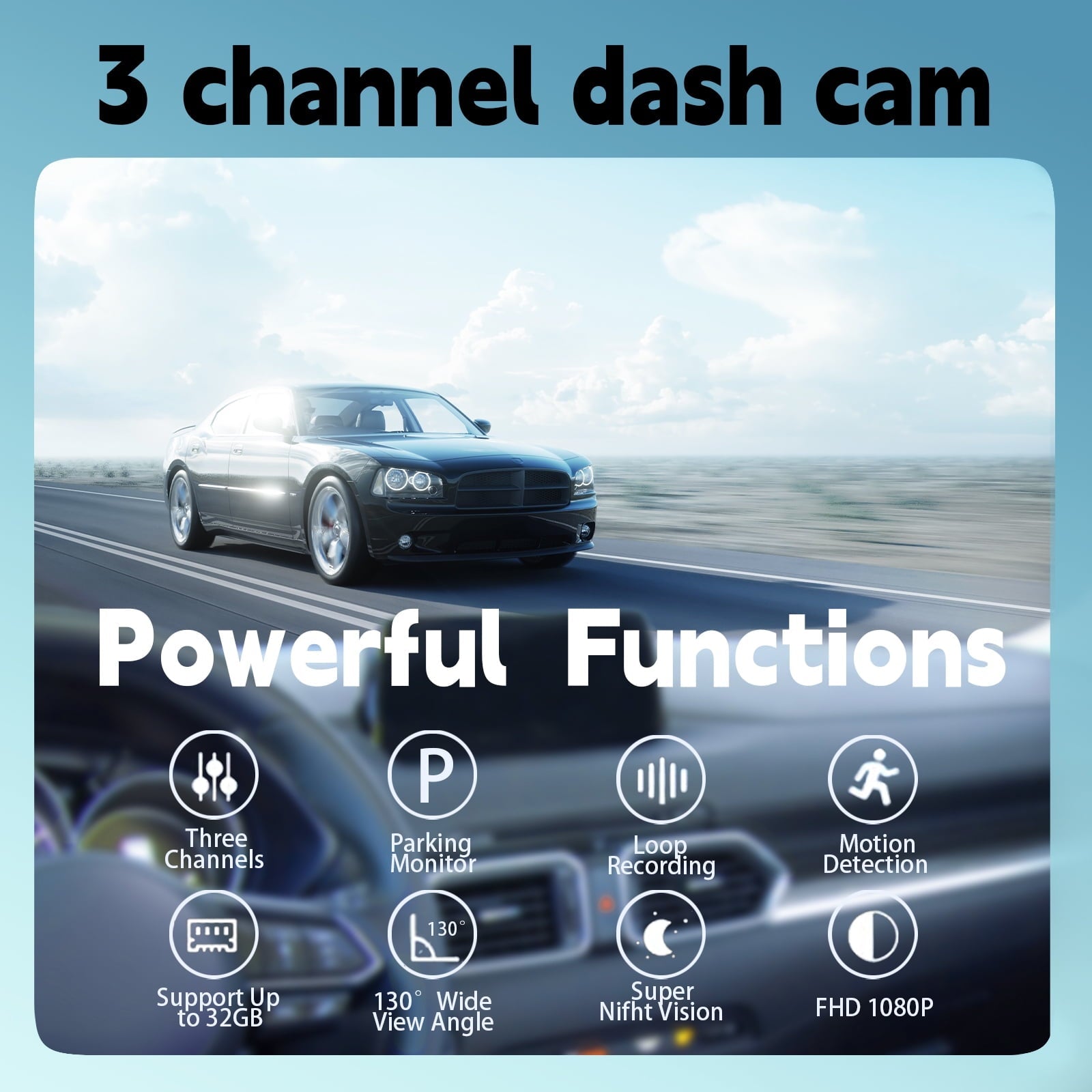 3 Channel Dash Cam Front and Rear Inside with 2" IPS Screen, 1080P Dashcam Three Way Triple Car Camera with IR Night Vision, Loop Recording, G-Sensor, Parking Monitor, 24 Hours Recording