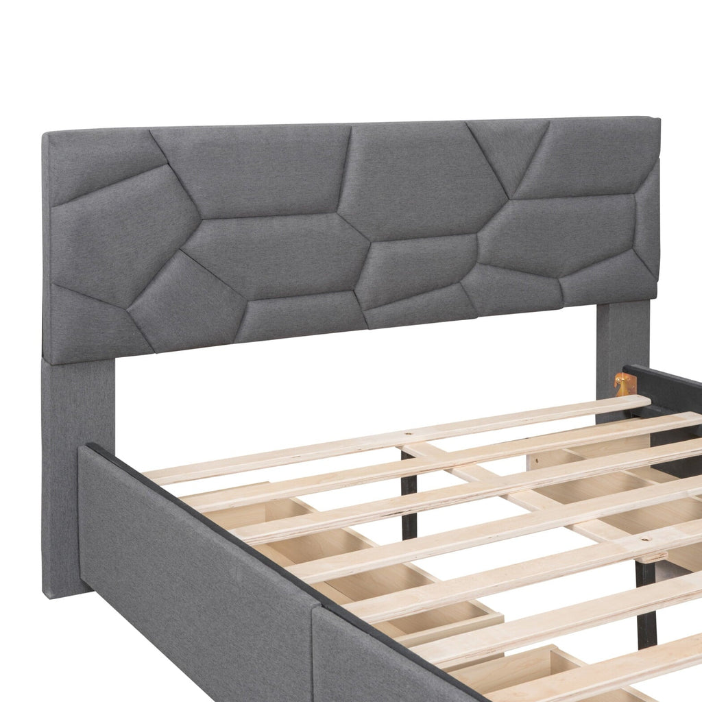 Upholstered Platform Bed with 4 Storage Drawers, Full Size Storage Platform Bed Frame with Brick Pattern Heardboard and Wood Slats Support for Bedroom Dorm Apartment, No Box Spring Needed, Gray