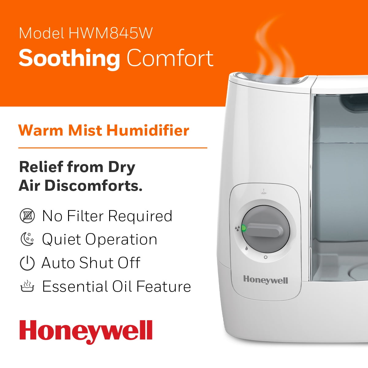 Honeywell 1 Gallon Filter Free Warm Mist Humidifier HWM845W, White