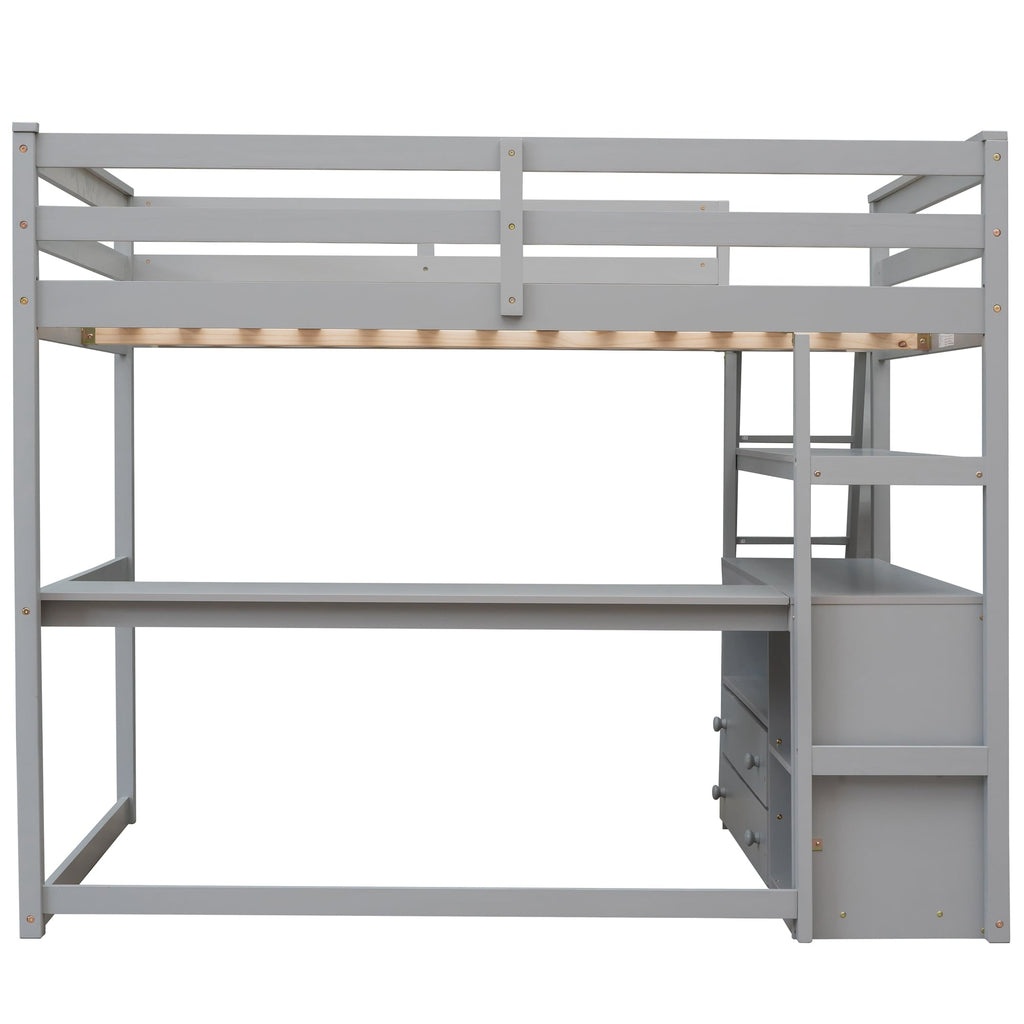 Euroco Full Size Wood Loft Bed with Desk, Shelves and Cabinets for Kids Room, Incline Ladder and 3 Drawers, Gray