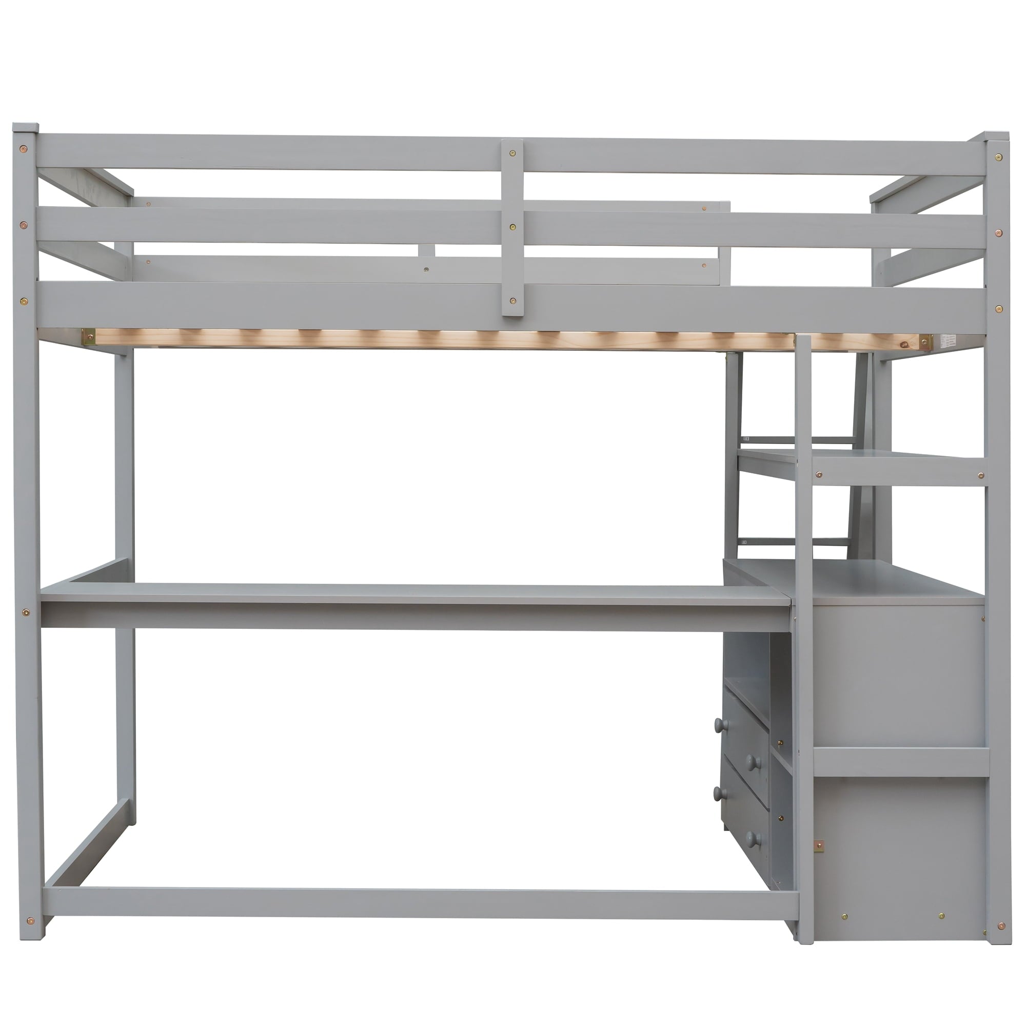 Euroco Full Size Wood Loft Bed with Desk, Shelves and Cabinets for Kids Room, Incline Ladder and 3 Drawers, Gray
